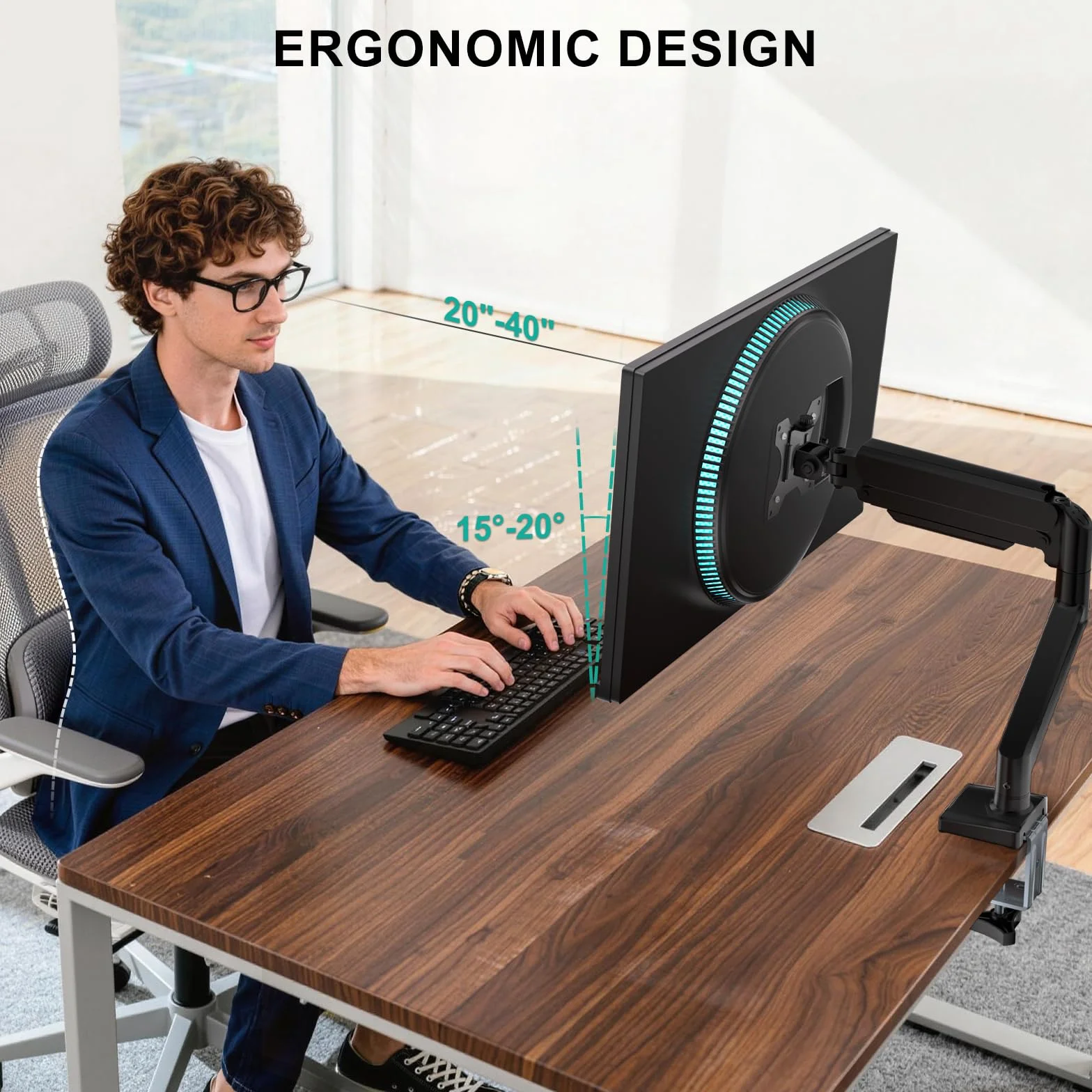 WALI Pojedyncze ramię monitora do ekranów 17-34 cali, ergonomiczne ramię do monitora ze sprężyną gazową do 12 kg, regulowany stojak na monitory komputerowe z zaciskiem i podstawą przelotki, VESA 75