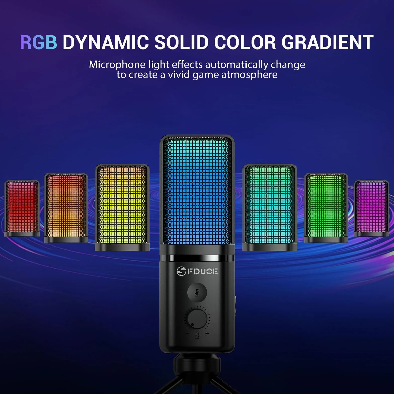 FDUCE Mikrofon USB do gier, mikrofon pojemnościowy RGB ze statywem, regulacja głośności i funkcja wyciszenia, kompatybilny z komputerem, laptopem, do gier, podcastów, przesyłania strumieniowego