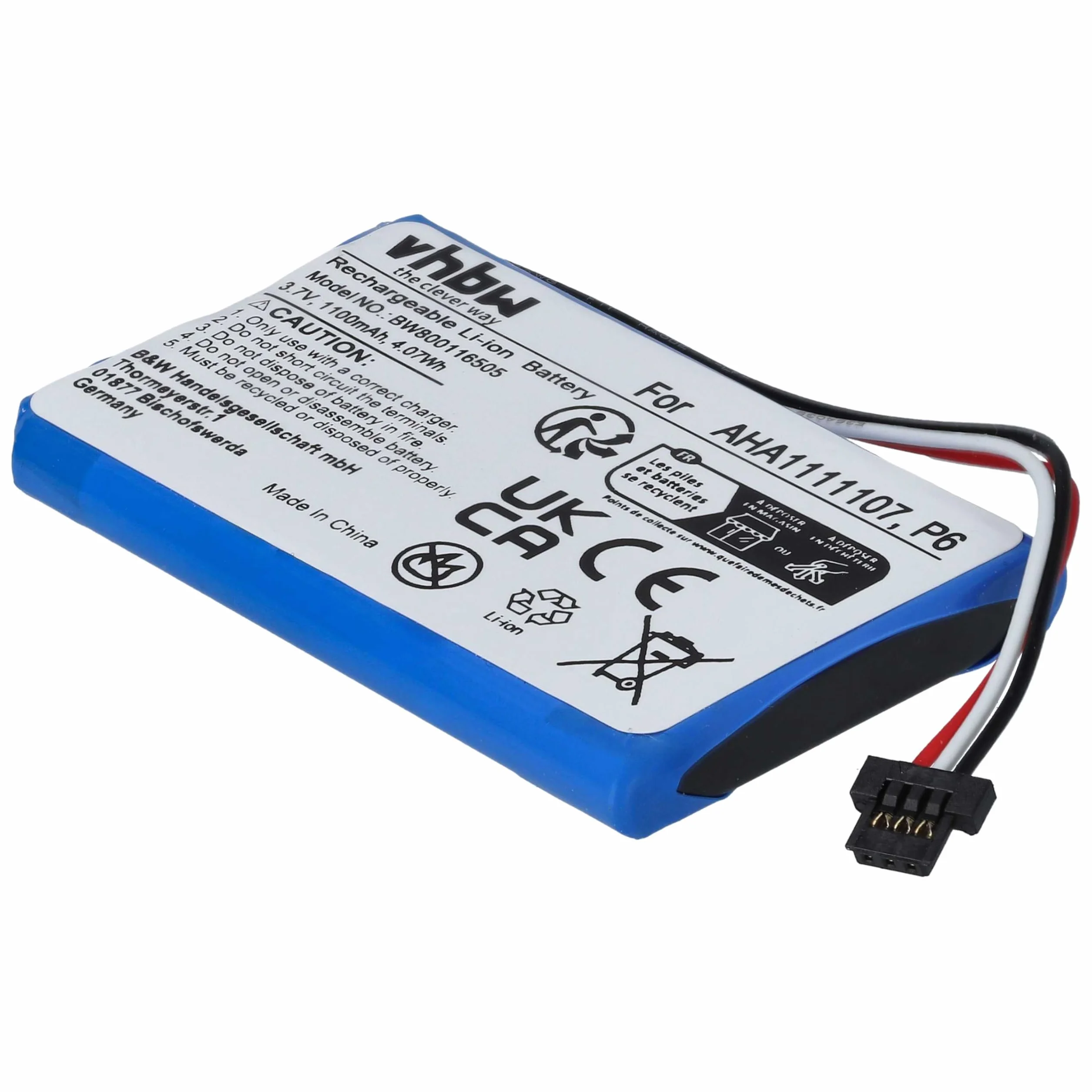 vhbw Bateria zamienna do Tomtom P6, AHA11111010, AHA1111107 do nawigacji GPS (1100 mAh, 3,7 V, litowo-jonowa)