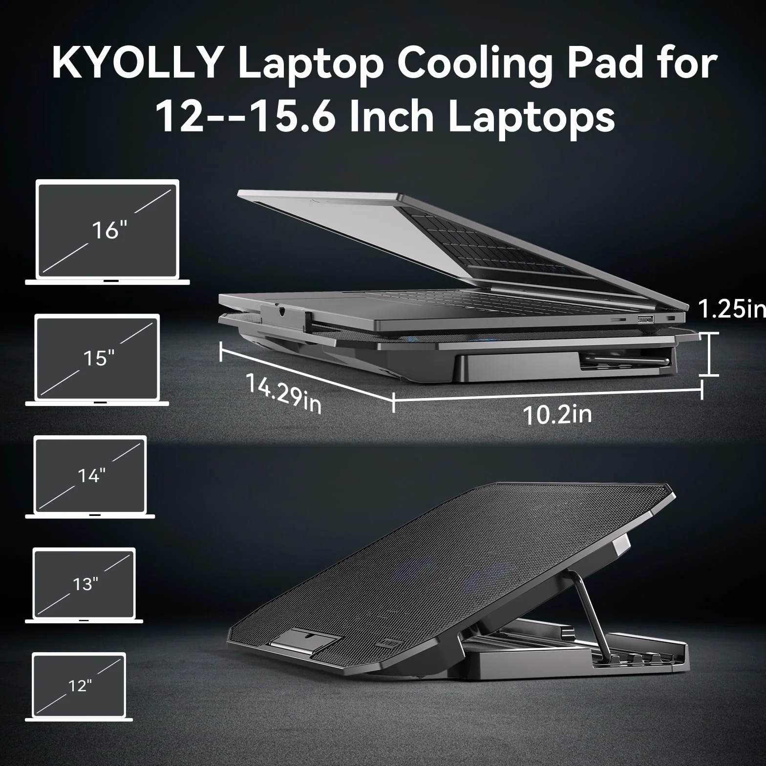 KYOLLY Ultra cienka podkładka chłodząca do laptopa 10-15,6 cala, przenośna chłodziarka do notebooka z 2 cichymi dużymi wentylatorami, wentylator do laptopa do gier, regulacja prędkości wiatru, 5