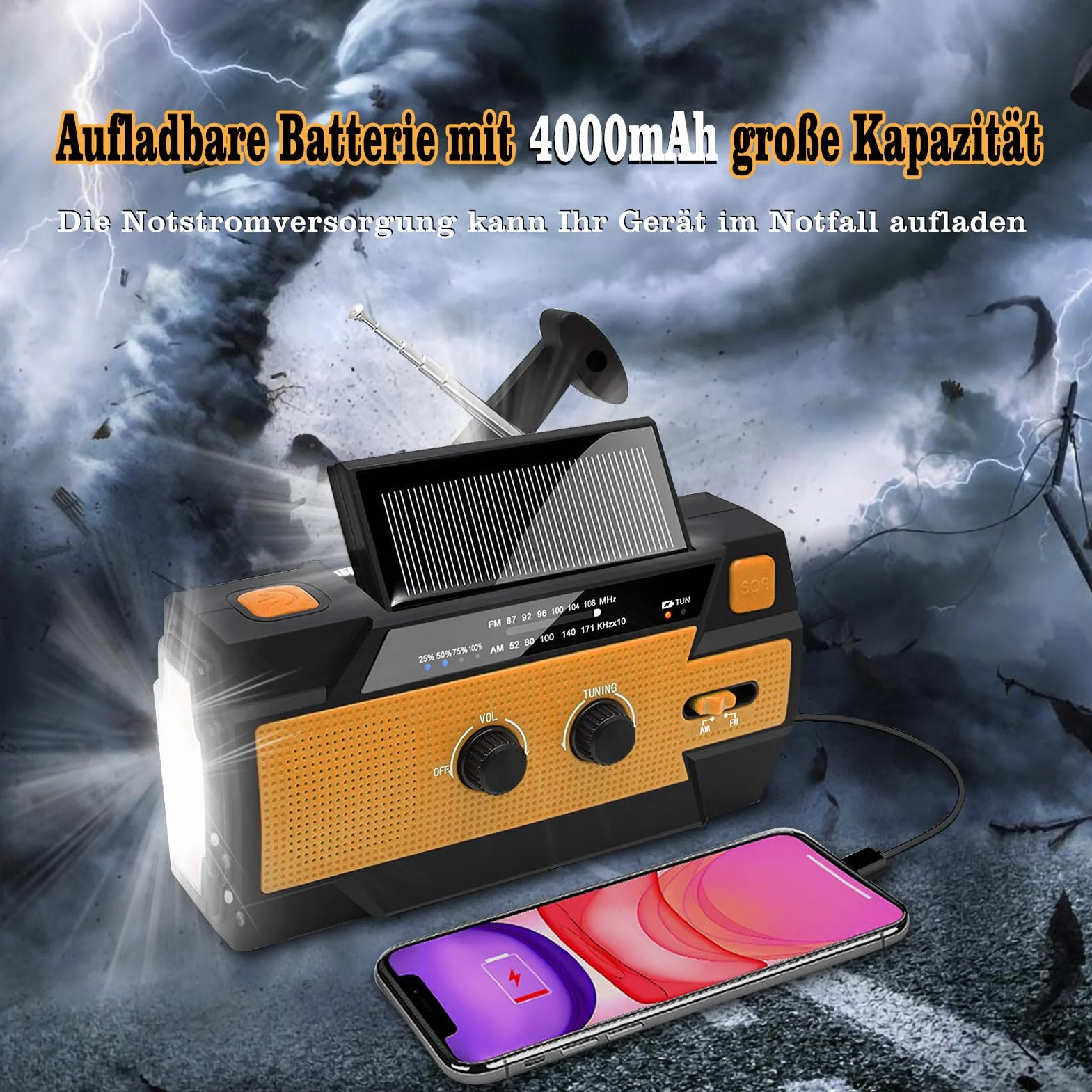 Nigecue Radio solarne, przenośne radio z korbą, dynamo z AM/FM, wbudowana bateria 4000 mAh, 4 tryby pracy, latarka LED, lampka do czytania z czujnikiem ruchu, alarm SOS w nagłych wypadkach