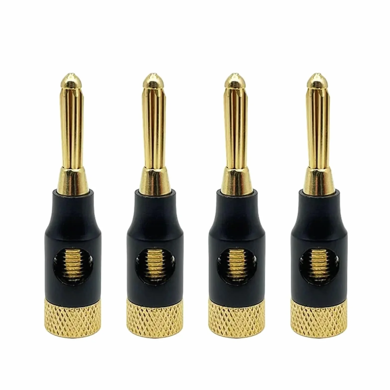Wtyk bananowy z metalu, 4 mm, wtyk bananowy z czystej miedzi, pozłacany czystym złotem, głośnik do kabli audio i wideo, banany bez lutowania, możliwość układania w stos z boku, 4 sztuki