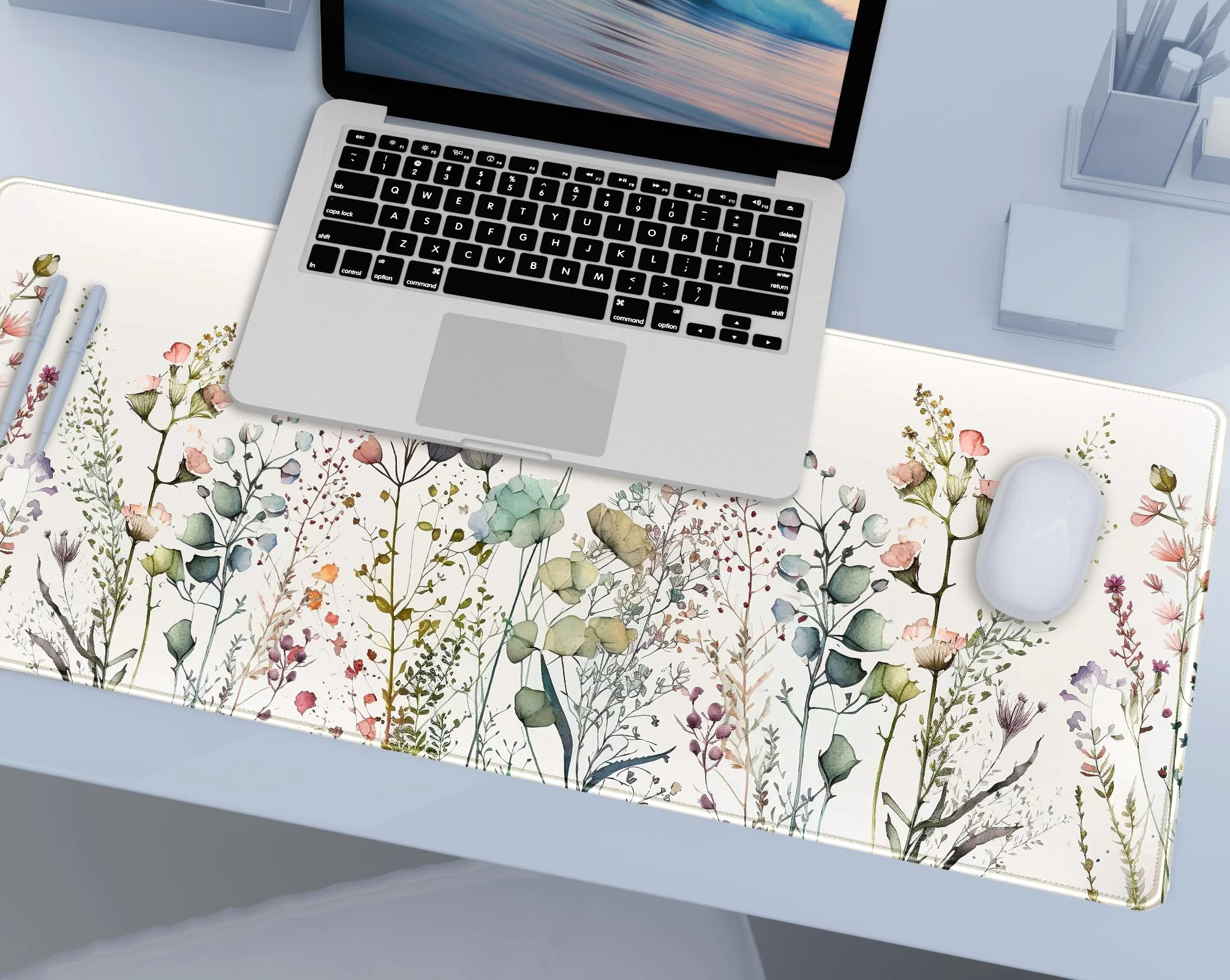 Urocza podkładka na biurko z dzikimi kwiatami, estetyka boho, XL, duża rozszerzona podkładka gamingowa z obszytymi krawędziami, 80 × 30 cm, mata pod mysz i klawiaturę do laptopa, dla kobiet, dekoracja
