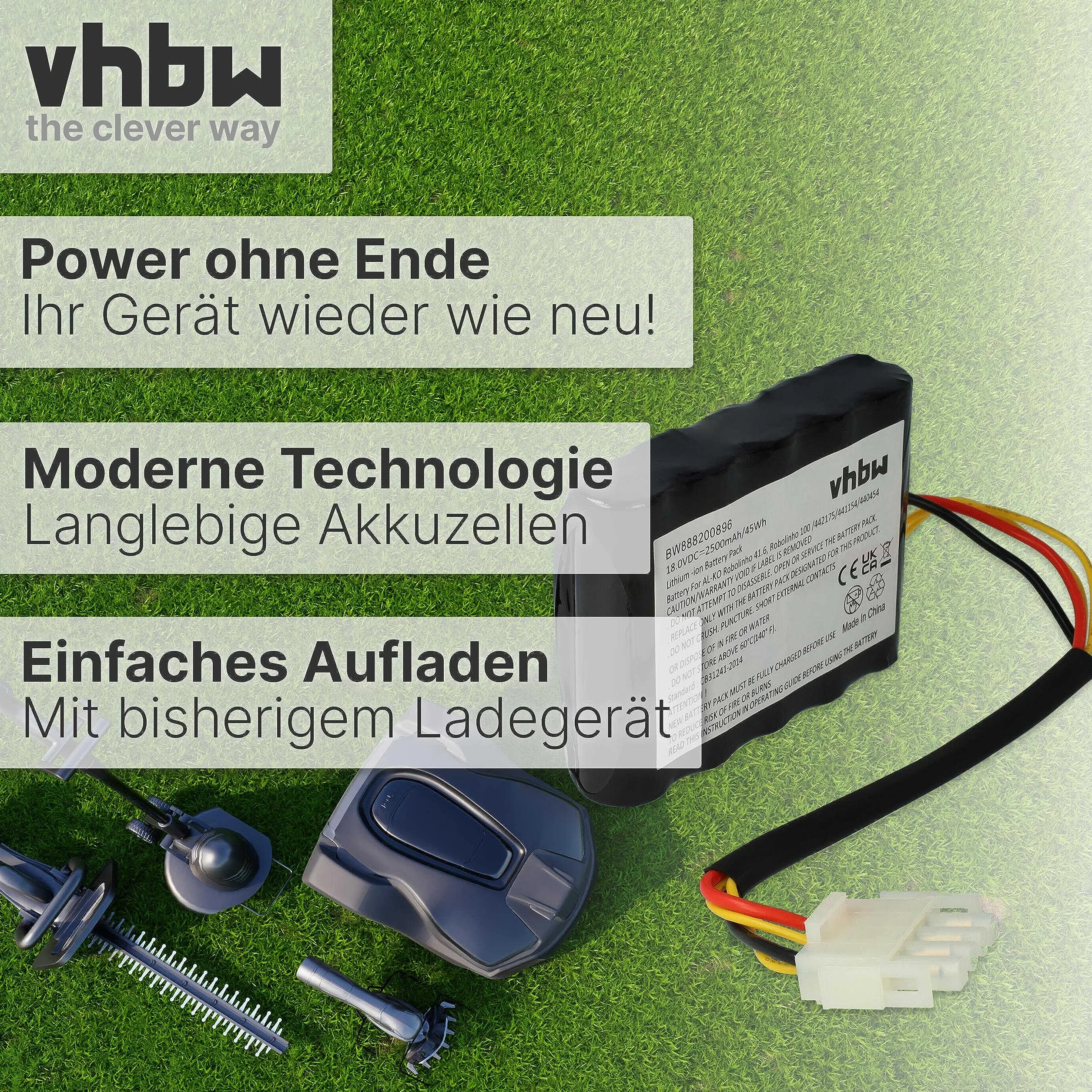 vhbw 1 x akumulator kompatybilny z AL-KO Robolinho 300 E, 450 W, 350 W, 520 W kosiarka do trawy 2500 mAh 18 V litowo-jonowa