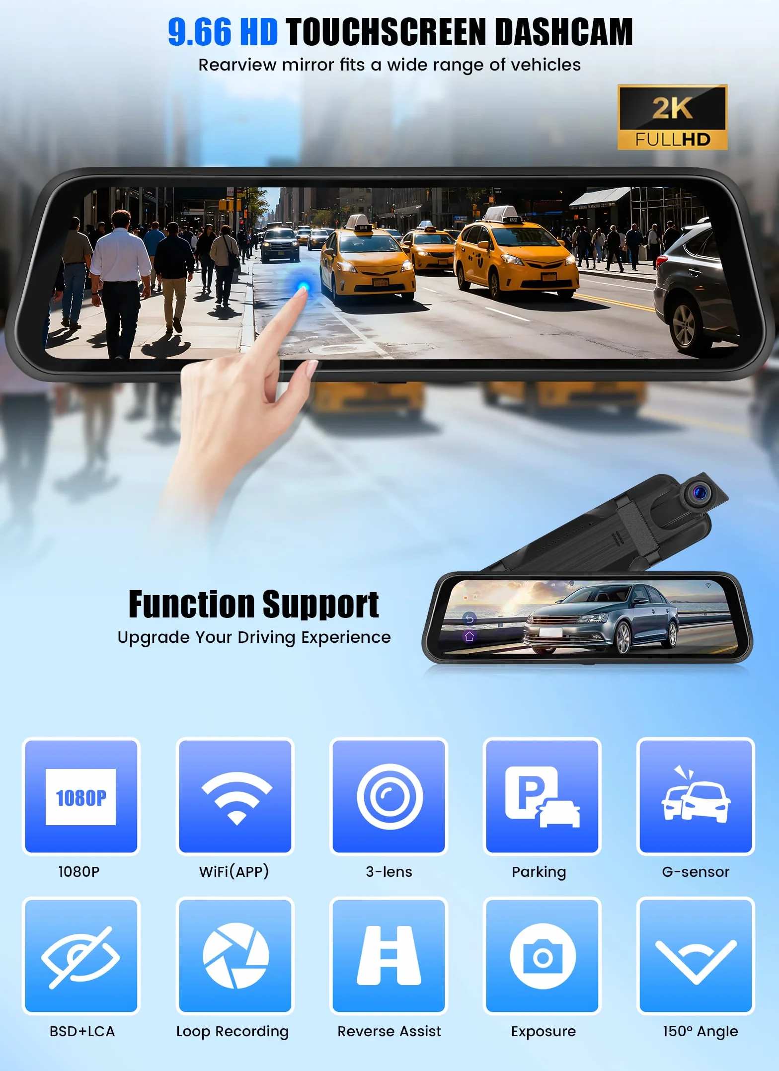 CAMECHO 9,66″ 2K ekran dotykowy w lusterku wstecznym samochodowym trzykrotna kamera przednia wewnętrzna tylna nagrywanie cykliczne z GPS czujnikiem grawitacji i wspomaganiem parkowania