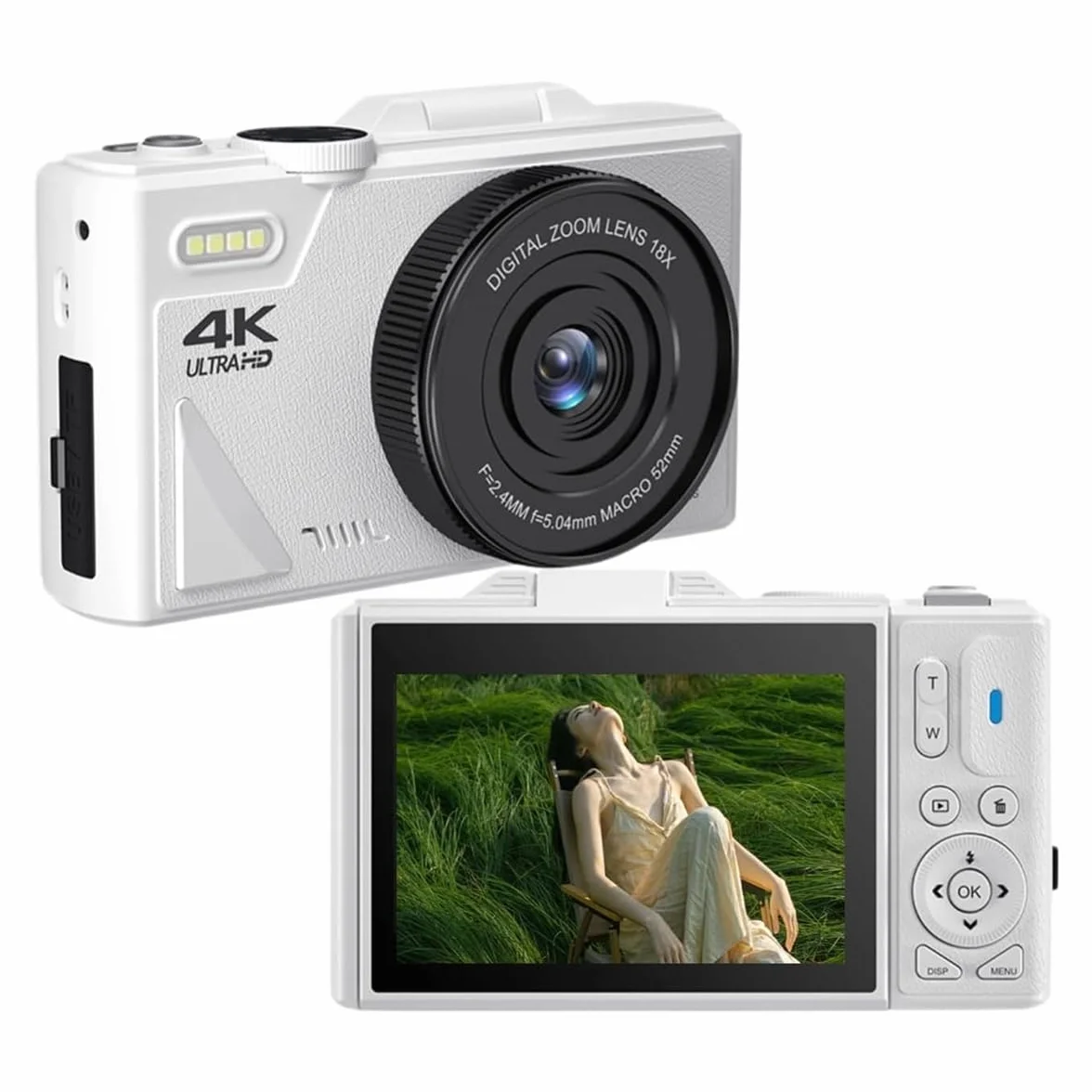 Przenośny aparat cyfrowy 4K, 3-calowy ekran z klapką 64 MP UHD 18-krotny zoom autofokus retro design kompaktowy model biały
