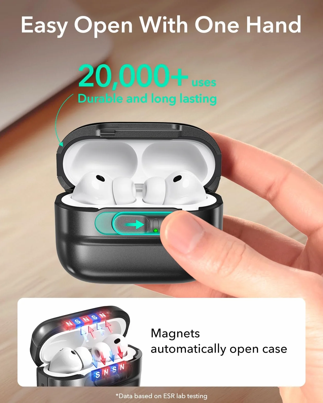 ESR Etui do AirPods Pro 3 (kabel USB-C), kompatybilne z AirPods Pro 3. generacji (2025), gotowe do MagSafe, pełna ochrona przed upadkiem ze smyczą, czarne