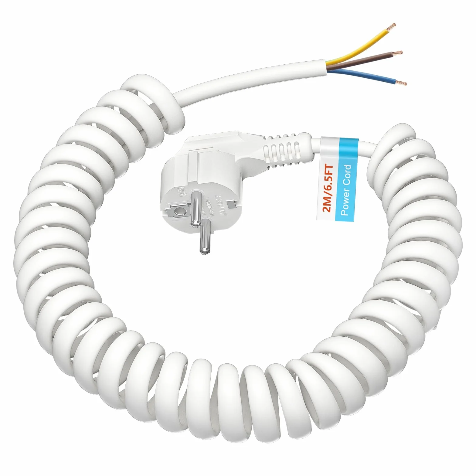 Kabel spiralny 2 m, 0,2 m na 2 m, rozciągliwy, z wtyczką z zestykiem ochronnym, przedłużacz, kabel zasilający Schuko, 230 V/16 A, IP20 do wnętrz, biały