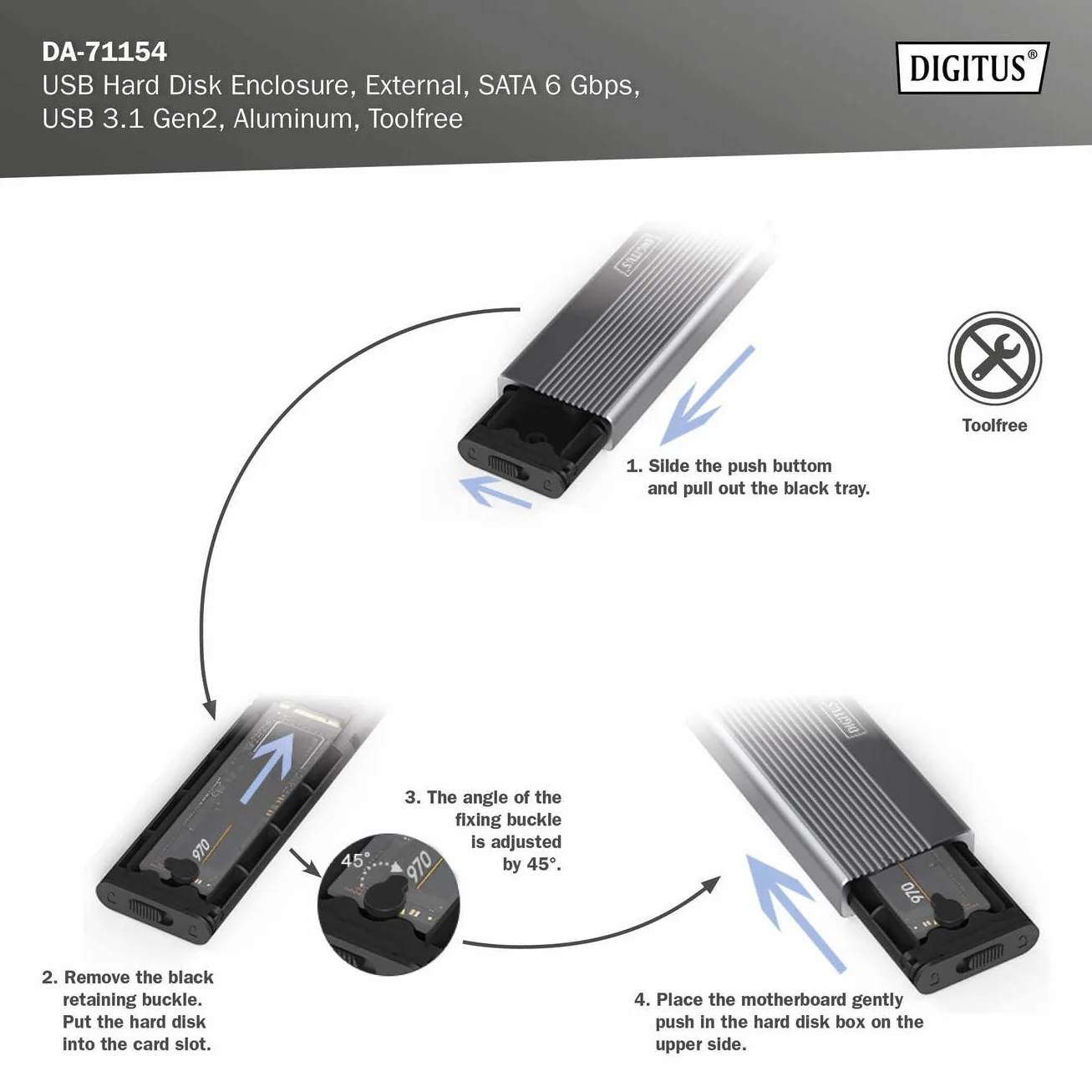 DIGITUS Zewnętrzna obudowa M.2 - USB 3.1 Gen2 Typ-C - 6 Gbit/s - obsługuje SATA SSD do 8 TB - do dysków SSD 2230/2242/2260/2280 z B-Key - bez narzędzi - obudowa aluminiowa - szara