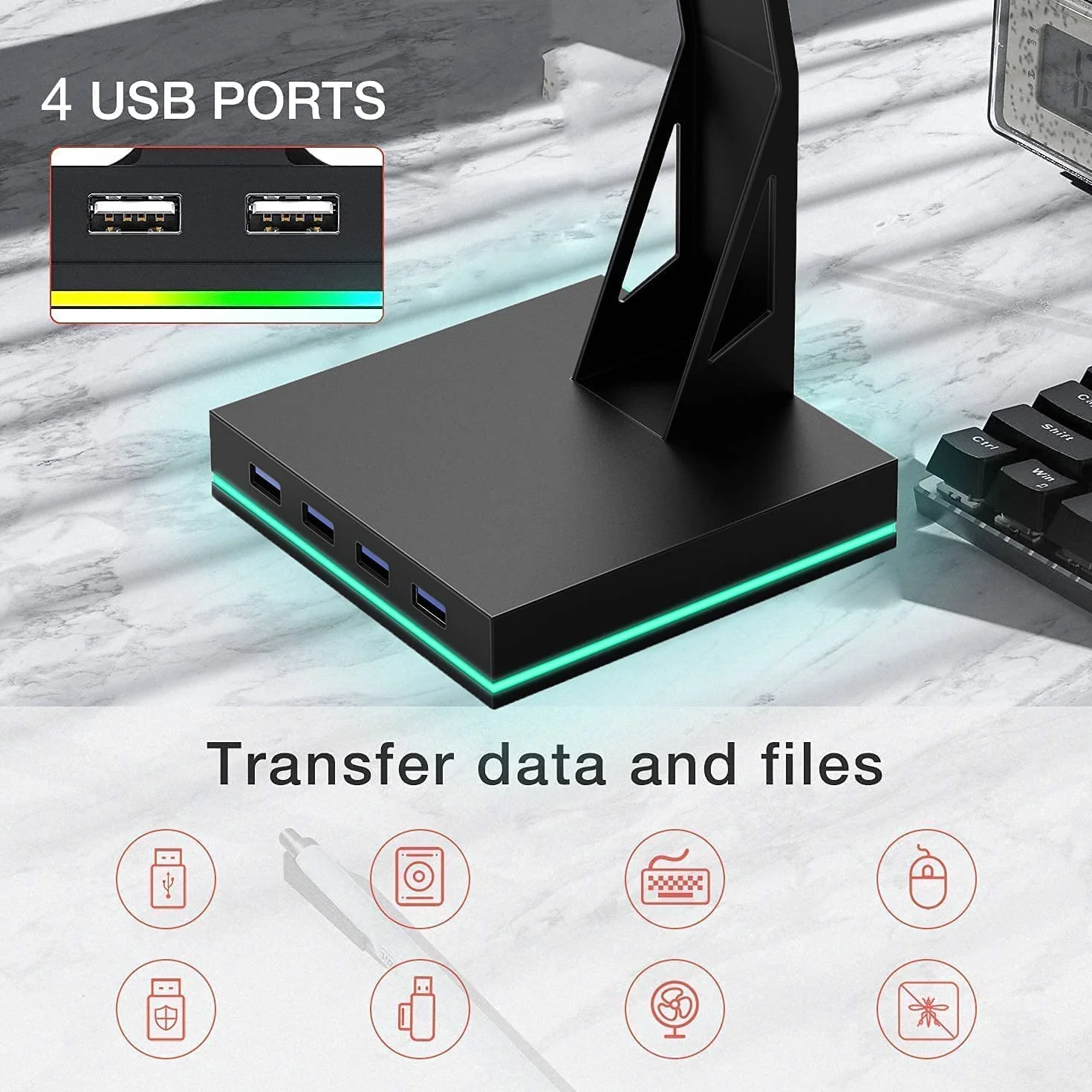 Akcesoria Biurkowe do Słuchawek Stojak Na Słuchawki Z 4 Portami USB 2.0 Uchwyt Na Słuchawki RGB Do Akcesoriów Do Gier Komputerowych Dla Graczy Akcesoria do Stołów do Gier