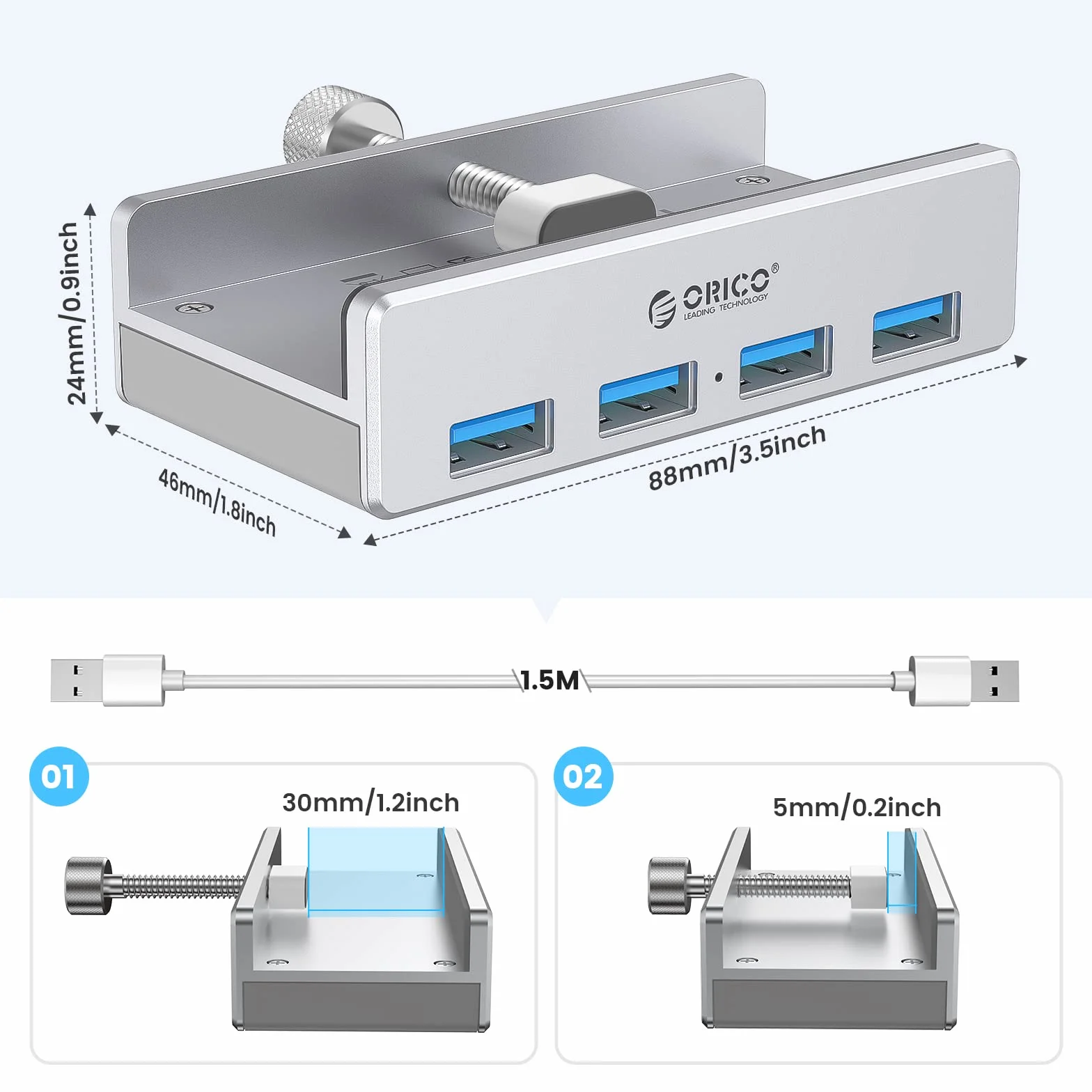 ORICO Adapter zaciskowy koncentratora USB 3.0, aluminiowy 4-portowy rozdzielacz USB z dodatkowym portem zasilania i kablem danych USB 4,92 FT, ultra-przenośny rozszerzacz USB do 2021 iMac/laptop/PC