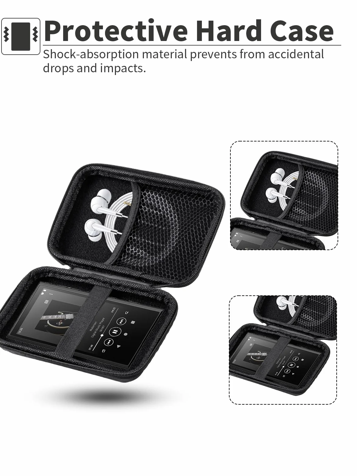 Etui do HiBy R1 HiFi 3", odtwarzacz MP3, twarda obudowa, przenośne etui ochronne z kablem USB i miejscem na kartę pamięci, wodoszczelne i ochrona przed uderzeniami, czarne | praktyczna torba