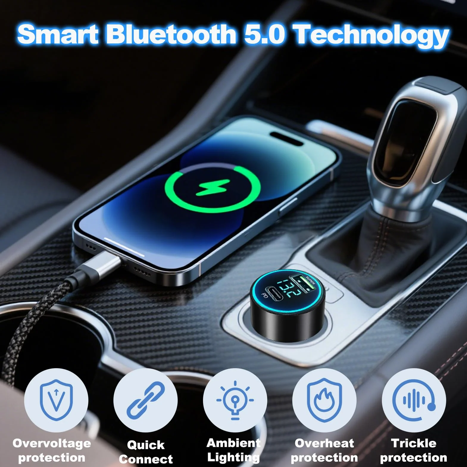 Ładowarka samochodowa USB C, ładowarka samochodowa z 65 W QC i 20 W PD, ładowarka samochodowa z kablem USB C, adapter samochodowy 12 V, adapter do gniazda zapalniczki samochodowej
