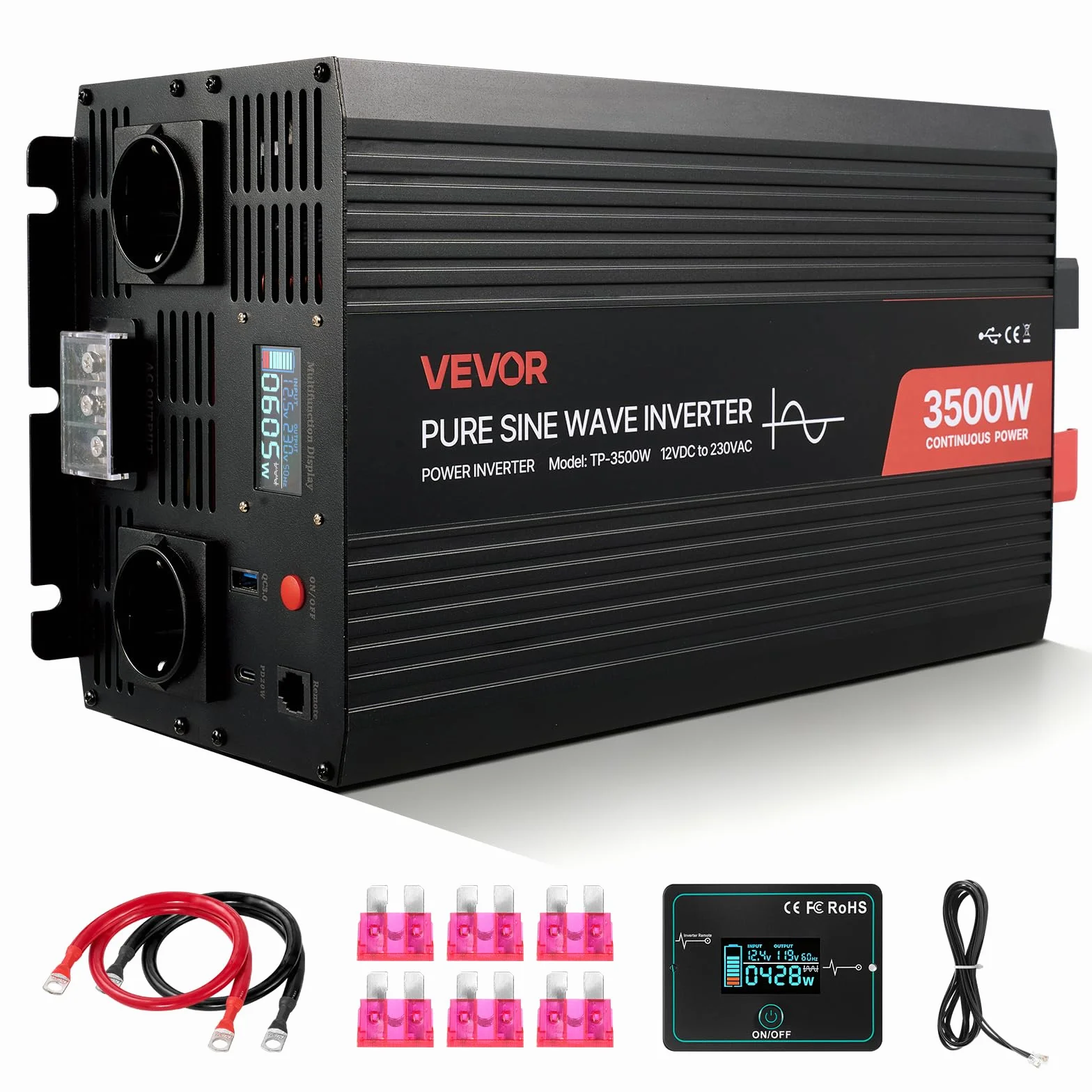 VEVOR Falownik prądu 3500 W, czysty falownik sinusoidalny 12 V DC na 230 V AC, konwerter ładowarki samochodowej z wyświetlaczem LCD, pilotem zdalnego sterowania, portami USB i typem C, gniazdami AC
