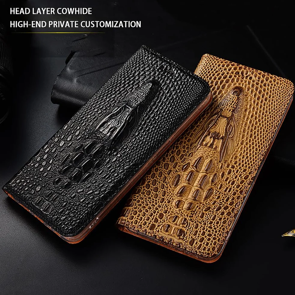 Etui portfelowe do iPhone 17 Pro Max/17 Pro/17 Air/17, etui z prawdziwej skóry, etui z klapką 3D z głową krokodyla z przegródkami na karty, brązowe, 17 ProMax