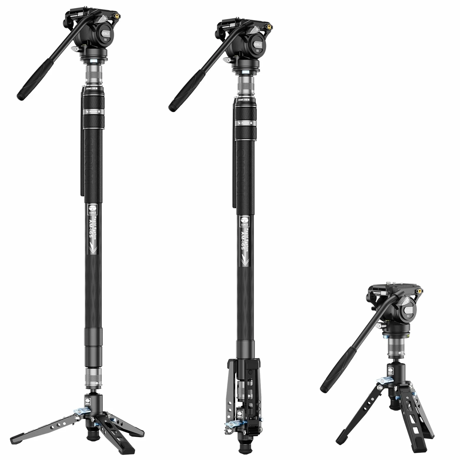 SIRUI Monopod wideo z włókna węglowego do aparatu, monopod 3 w 1 do głowicy płynu, maksymalna wysokość 165 cm, nośność 6 kg, głowica płynu do DJI RS i MFT 501