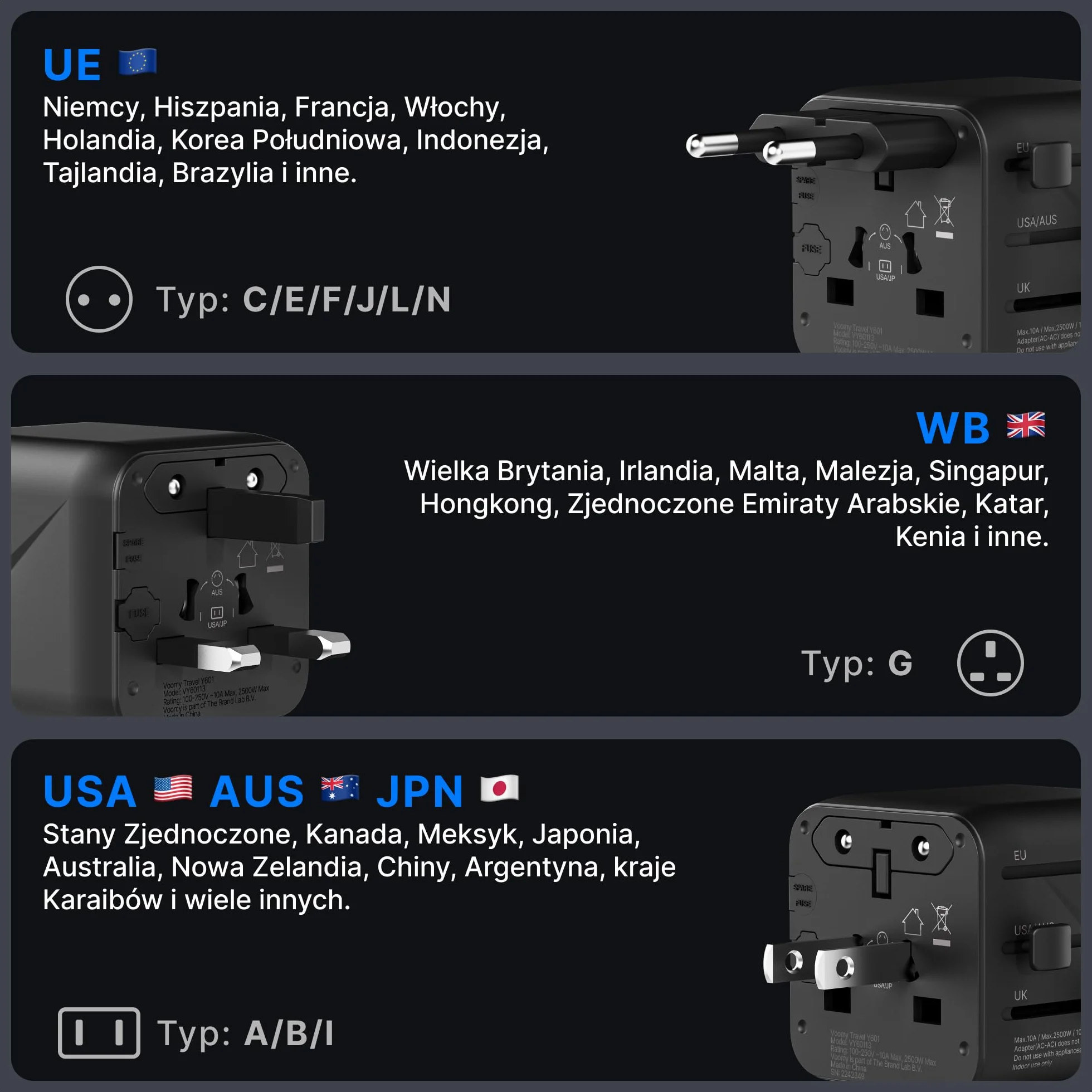 Voomy Uniwersalny Adapter Podróżny – 200+ Krajów w tym UK, USA, Japonia, Tajlandia & Australia, 2500W Ochrona Przeciwprzepięciowa, Kompaktowy Design