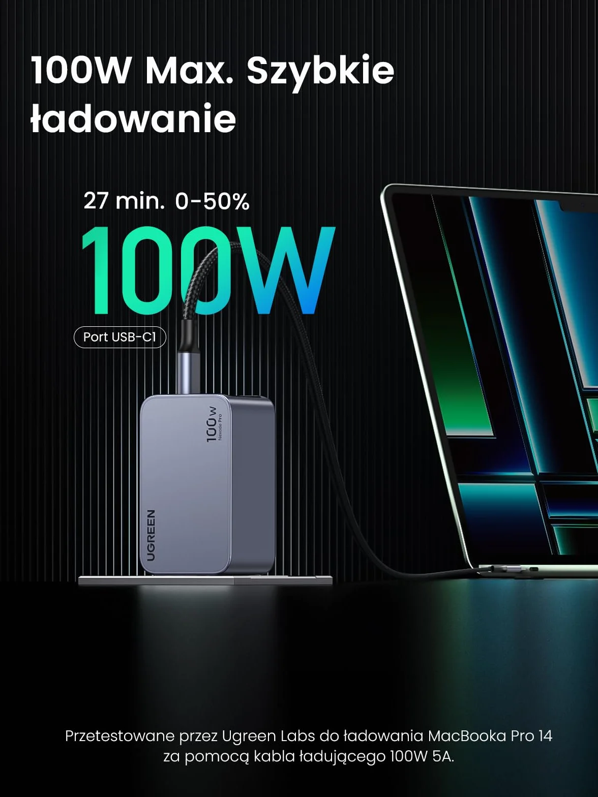 UGREEN Nexode Pro Ładowarka USB-C 100W, Mini GaN Charger, 3 portami | Szybka ładowarka PPS 60 W, kompaktowa i przenośna, kompatybilna z MacBook Pro/Air/Neo, iPadem, iPhonem 17, Galaxy S26 Ultra