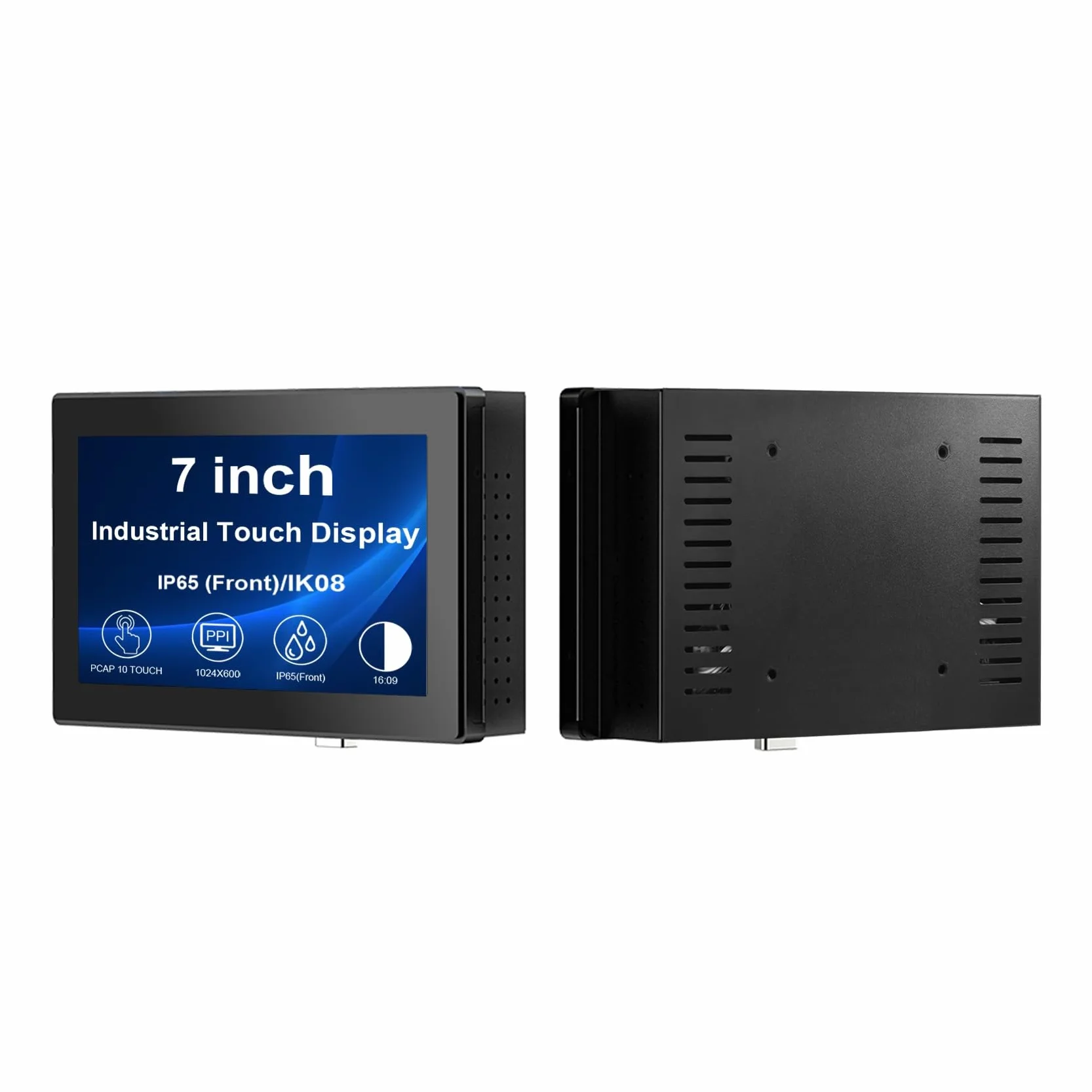 VSDISPLAY Przemysłowy ekran dotykowy o przekątnej 7", IP65 panel przedni, 1024 × 600, 350 nitów, pojemnościowy 10-punktowy dotykowy, duży zakres temperatur, aluminiowa obudowa