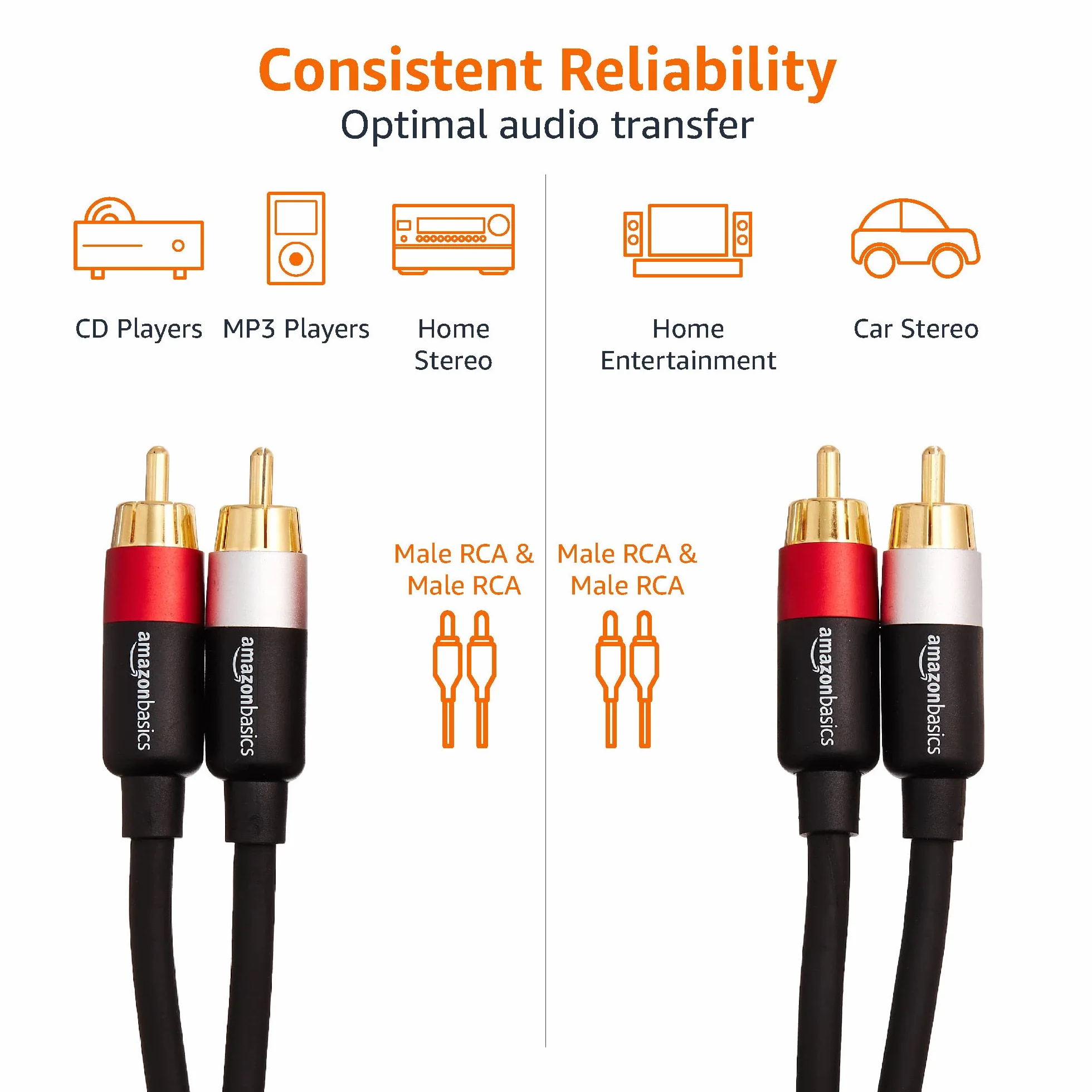 Amazon Basics Kabel audio, 2 RCA, do głośników stereo lub subwoofera z pozłacanymi wtykami, 4,5 m, czarny