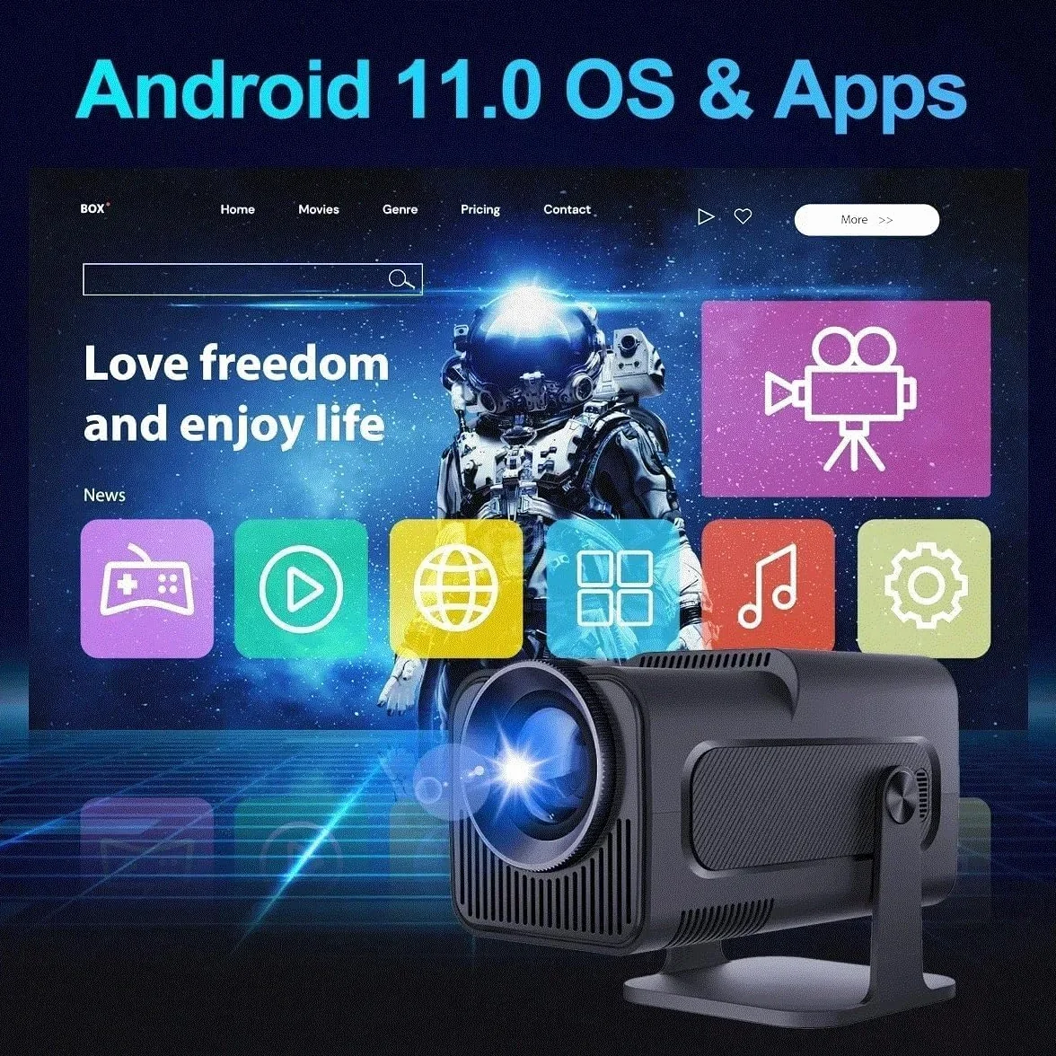 Przenośny projektor kinowy 4K, Android 11, 1080P, 390ANSI, czarny, Dual Wifi6, BT5.0, 1920 x 1080P, inteligentne projektory obrót o 180 stopni, 18000 lumenów