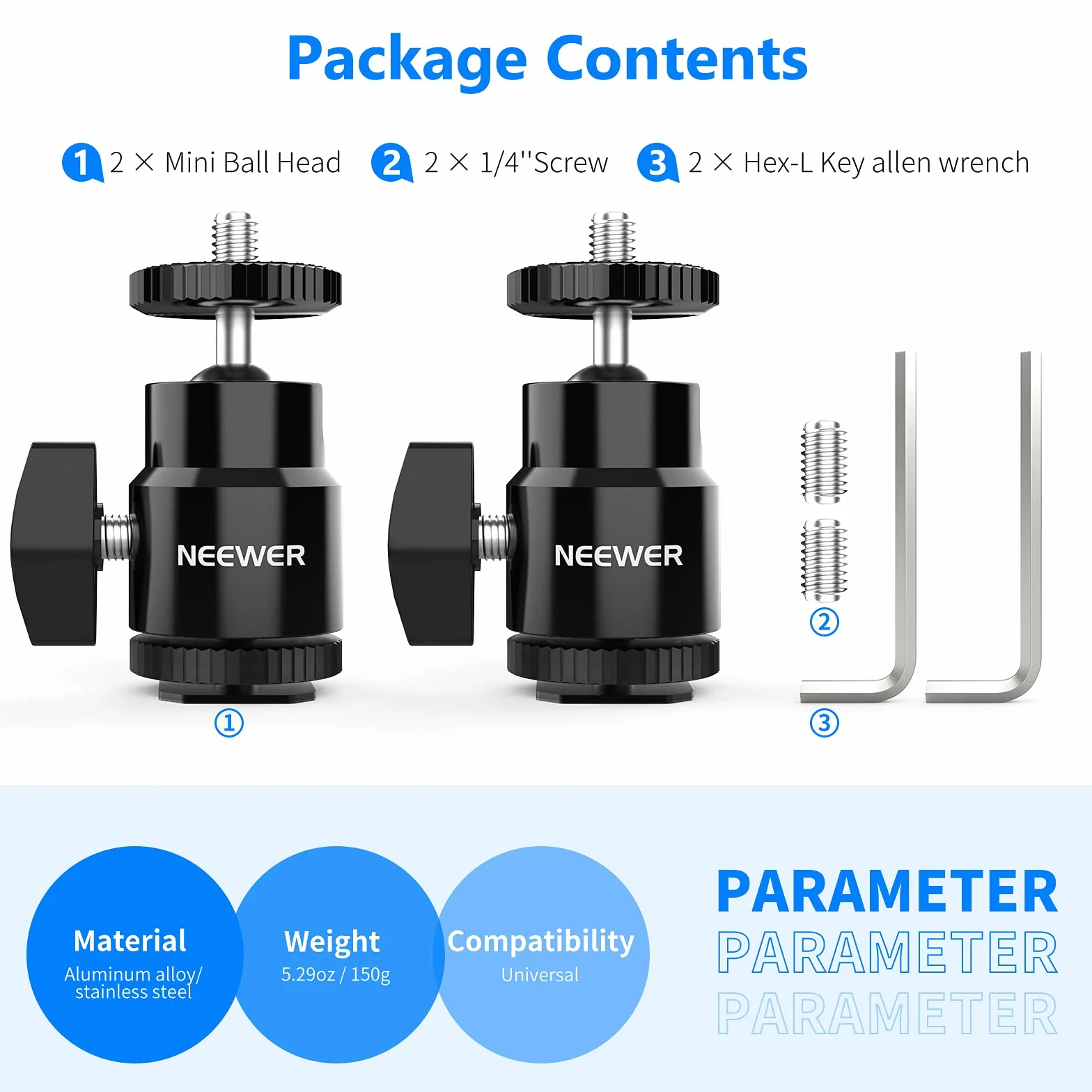 Neewer ST17 ST17 zestaw 2 uchwytów do lampy błyskowej 1/4" z dodatkową śrubą 1/4", mini adapter z głowicą kulową do aparatów, kamkorderów, smartfonów, lamp wideo, mikrofonów, światła pierścieniowego