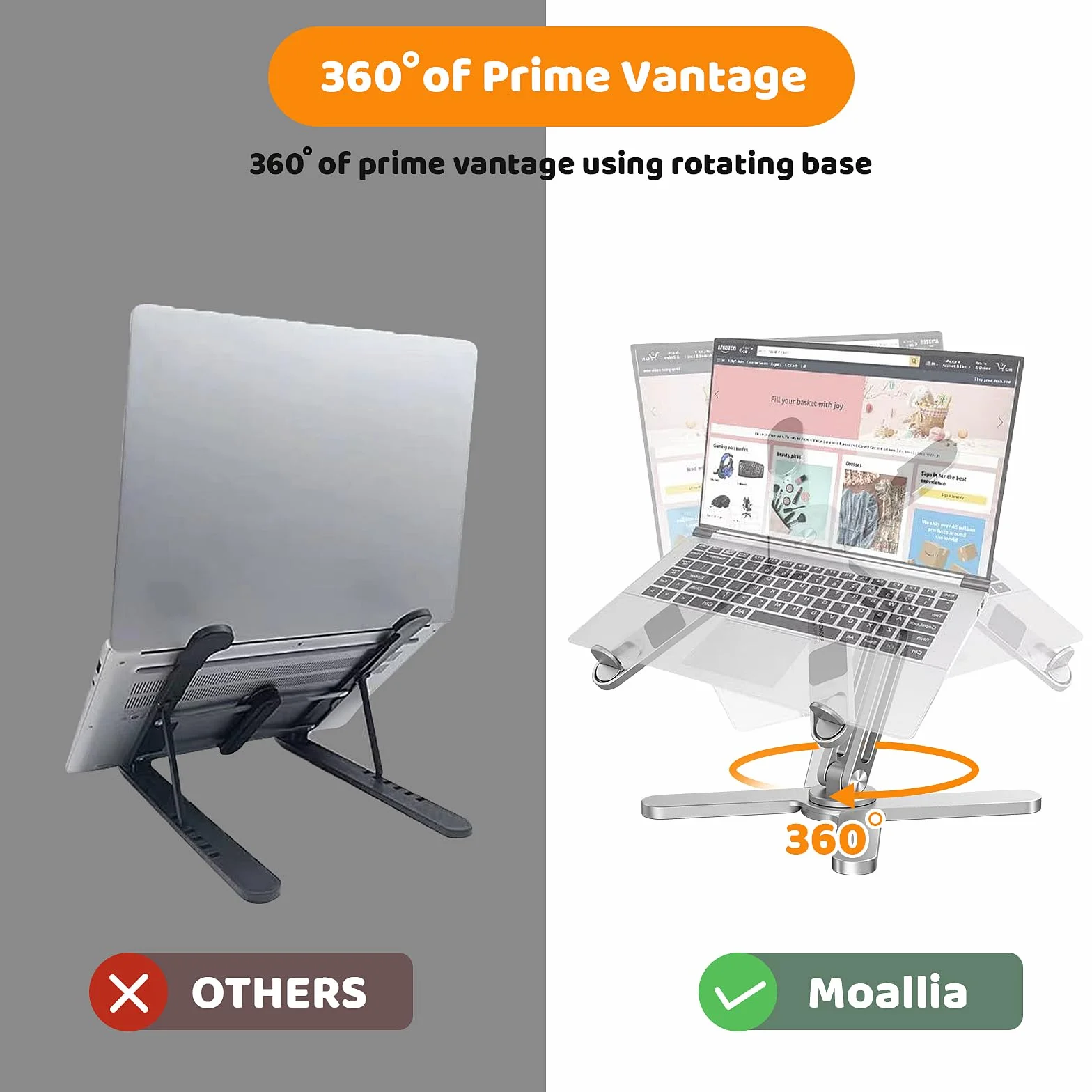 Moallia Ergonomiczny uchwyt na laptopa, teleskopowy stojak na laptopa o 360 stopni, do pracy przy biurku, w pełni składany dla łatwego przechowywania, pasuje do wszystkich MacBooków, laptopów o