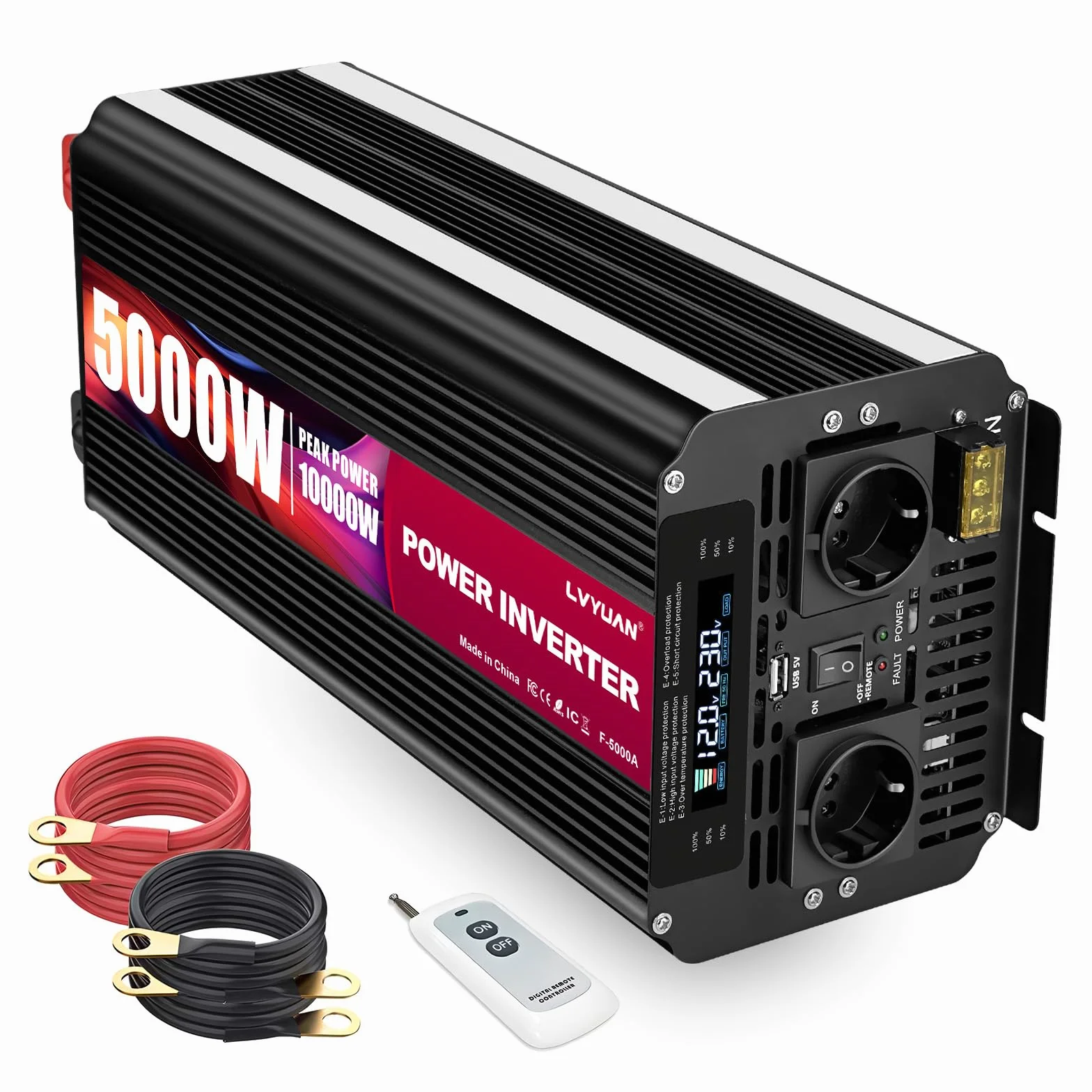 Yinleader Falownik 12 V 230 V 5000 W /10000 W przetwornica napięcia 12 V 220 V LCD AC przyłącze kabla sieciowego USB