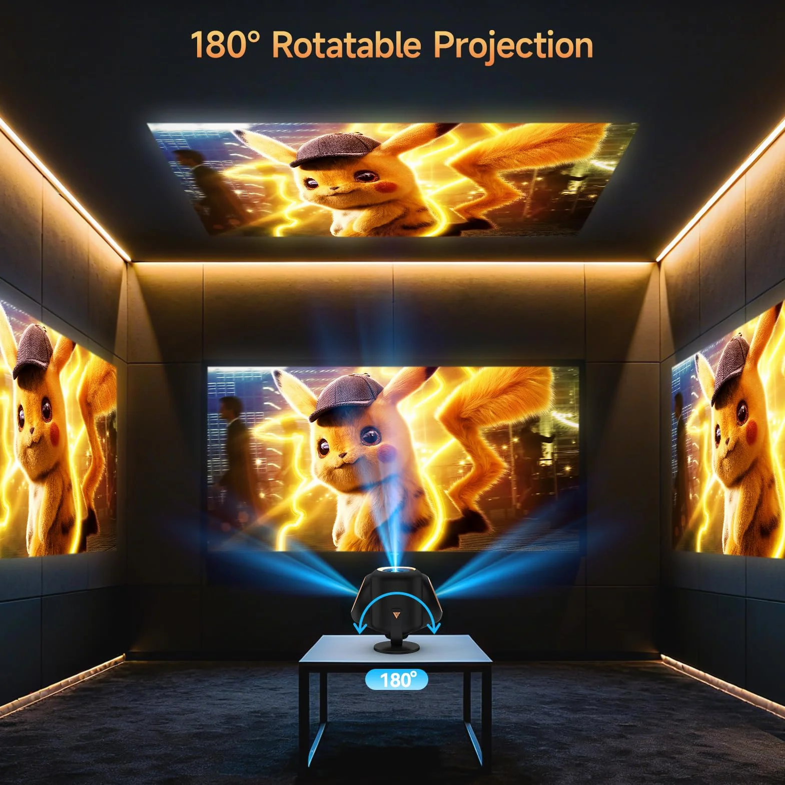 Mini projektor z Wi-Fi i Bluetooth, przenośny projektor Native 1080P, obsługa 4K ze stojakiem regulowanym o 180°, wyświetlacz maks. 180 cali, wbudowane głośniki