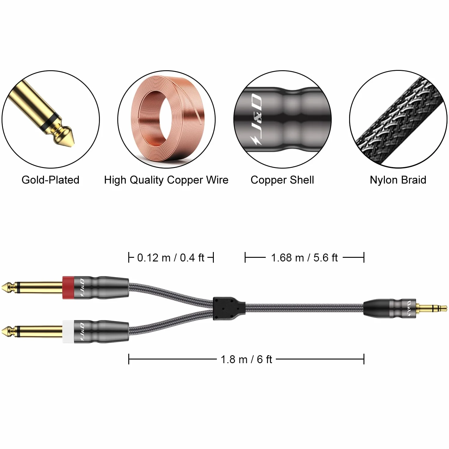 J&D 3,5 mm do podwójnego 6.35 mm cala Stereo Audio Rozdzielacz i kabel, 3,5 mm TRS Stereo Męski do podwójnego 6.35 mm Mono Męski Rozdzielacz Y Kabel do wzmacniacza/rejestratora dźwięku Mikser, 1,8 metr