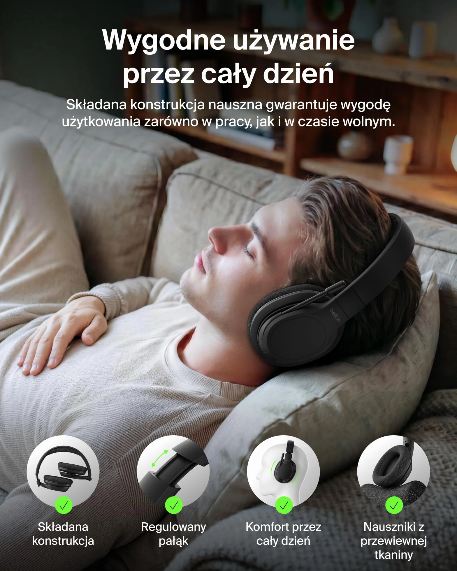 Belkin SoundForm Adapt Bezprzewodowe Słuchawki Nauszne, Mikrofon – Czarne
