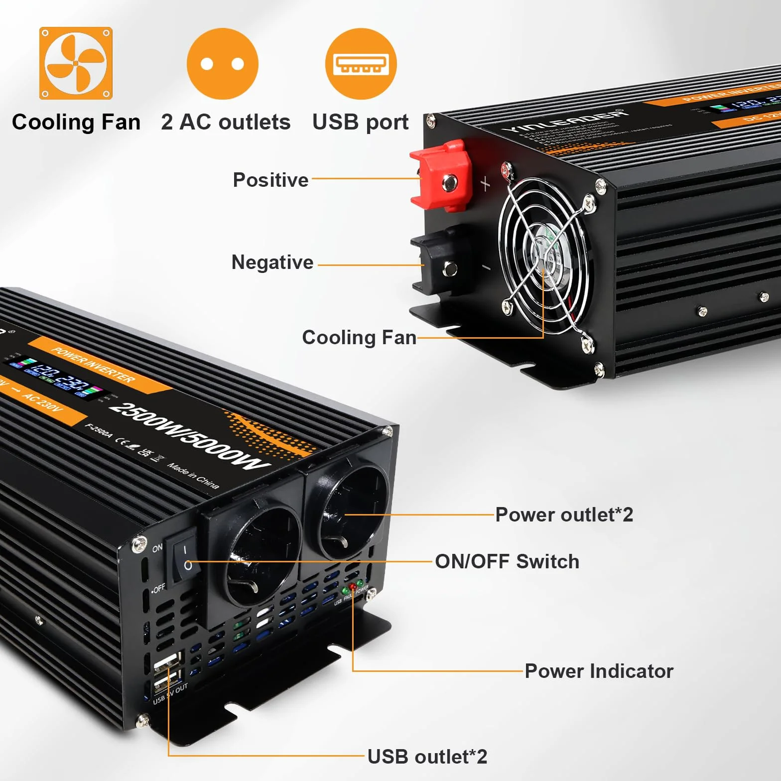 Yinleader Falownik 12 V 230 V 2500 W konwerter mocy z wyświetlaczem LCD 2 gniazda AC do paneli słonecznych samochodów RV