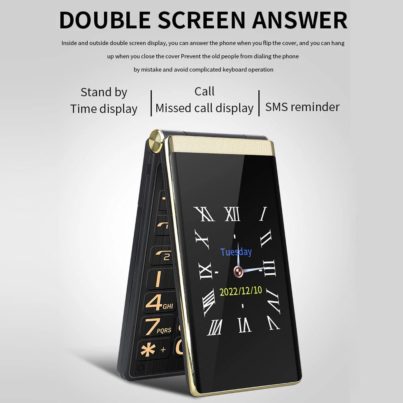 Odblokowany Telefon Komórkowy Sieć 2G z klapką Duże Przyciski Starszy Telefon Komórkowy Podwójny Ekran 3-calowy Ekran Główny (GOLD)