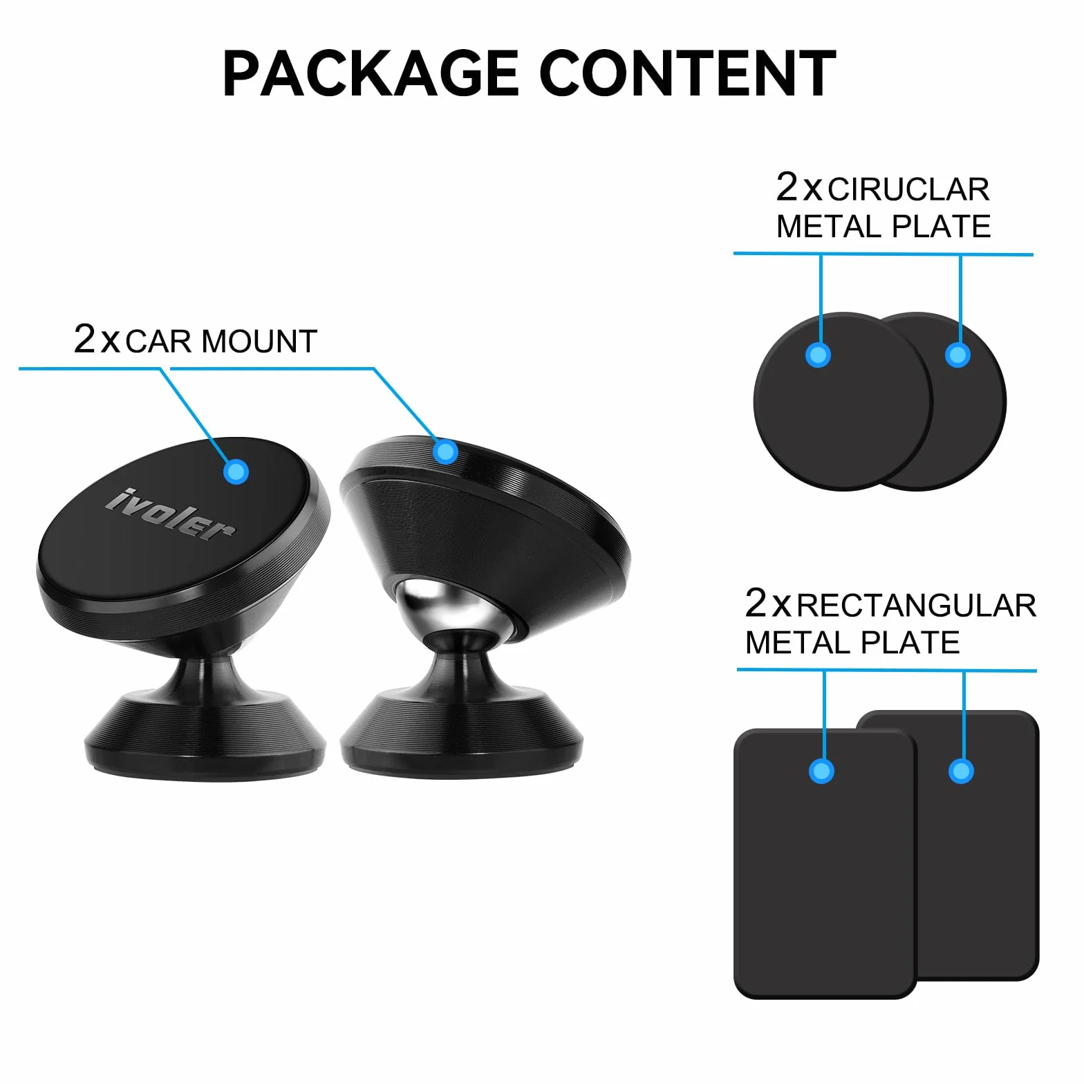 ivoler Uchwyt samochodowy na telefon, zestaw 2 sztuk, uniwersalny uchwyt samochodowy na telefon o 360°, przenośny magnetyczny magnes samoprzylepny do smartfona, kompatybilny z telefonami lub