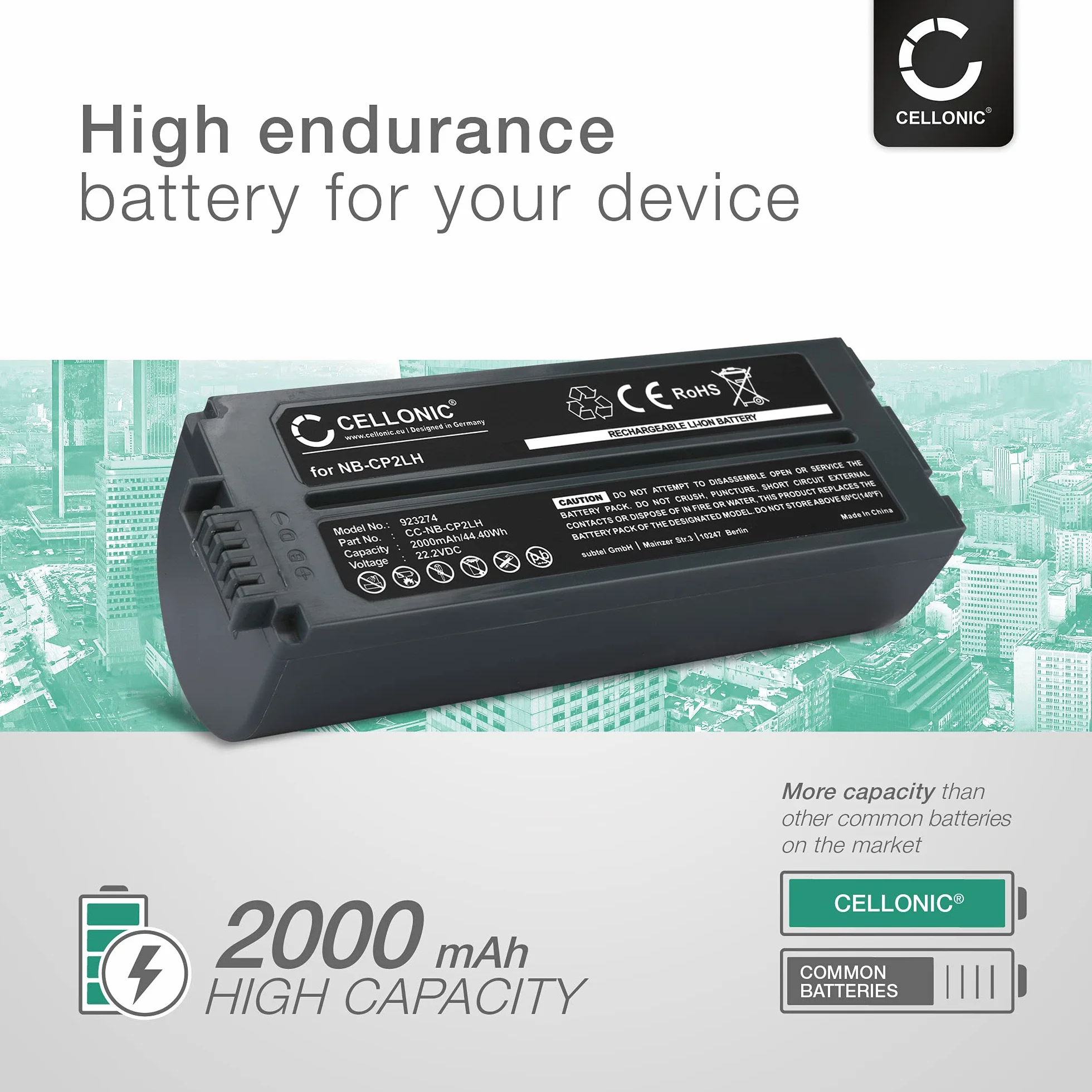 CELLONIC® Bateria do drukarki fotograficznej kompatybilna z Canon Selphy CP1200 CP1000 CP1300, CP910 CP900, CP800 CP810,CP510 CP520,CP780 CP740 CP770,CP400 (20000000000 h) NB-CP2 LH,NB-CP2L - | 1 x (2000 mAh-22,2 V jony), akumulator do drukarki, do Canon