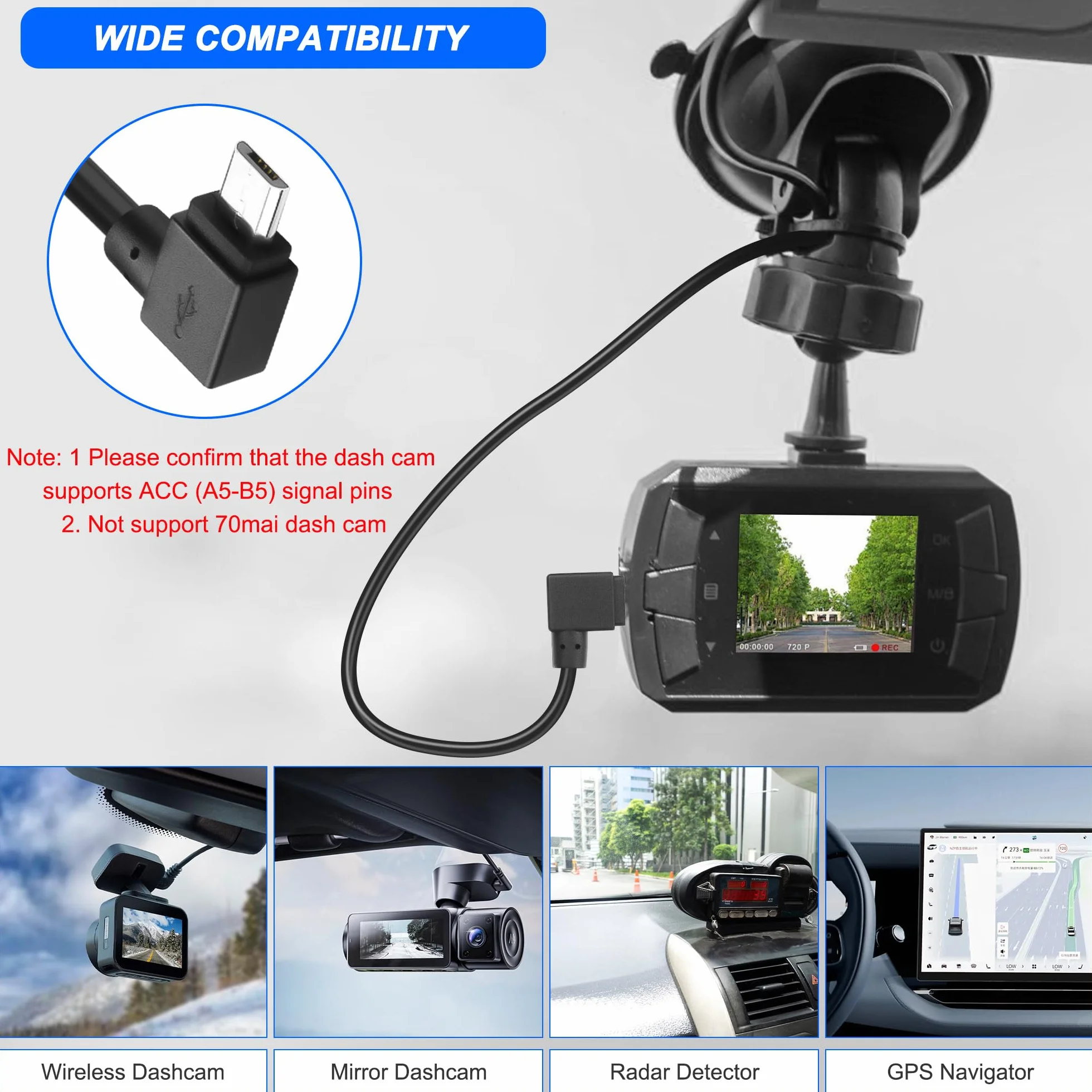 Kabel sieciowy OBD do kamery samochodowej micro USB 90 stopni 12V-24V do 5V Dash Cam Hardwire Kit z LED i ochroną niskiego napięcia