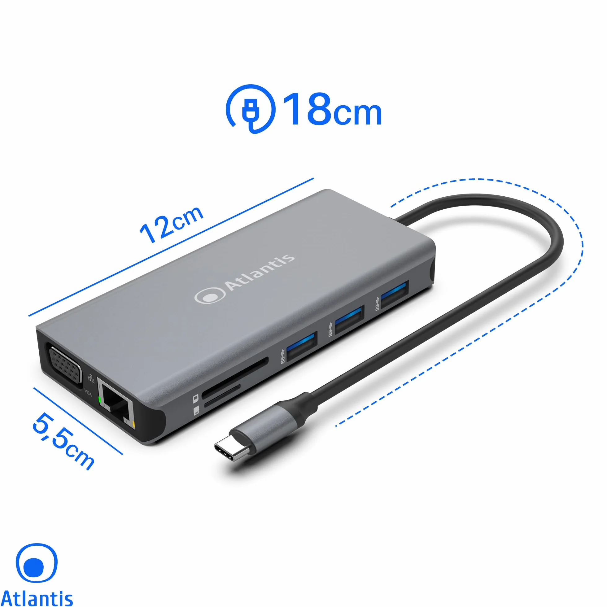 ATLANTIS A04-TC_DK46 Docking Station USB C (Type C) do HDMI 4K, VGA, Ethernet RJ45 Gigabit, 3 USB 3.0, 1 USB C, 1 PD-85W, 1 Audio IN/OUT 3.5mm, czytnik kart. Kabel 18 cm. Kompatybilny ze wszystkimi