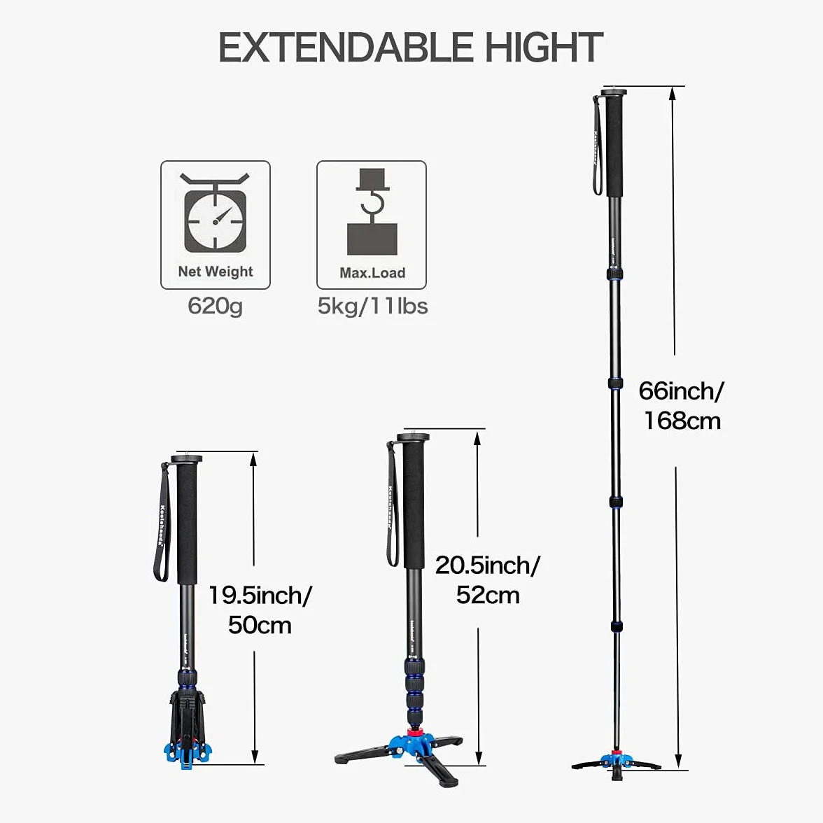 Koolehaoda K-288 Monopod ze zdejmowaną podstawą statywu, stop aluminium 5-sekcyjny, wysokość 50 cm-168 cm, maksymalny udźwig 5 kg do fotografii podróżniczej
