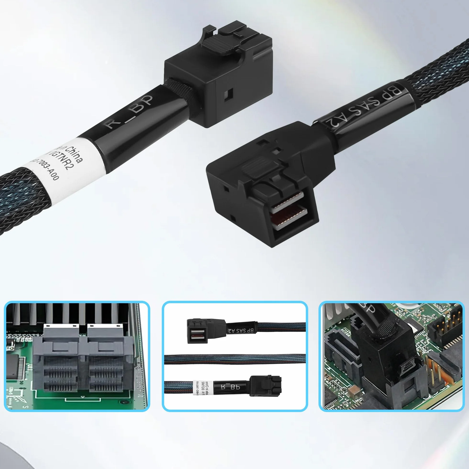 MINI SAS HD SFF-8643 kabel 45 cm, kąt prosty do 90 stopni, wewnętrzny kabel serwerowy z plecionym płaszczem i nasadkami ochronnymi, SAS 3.0 12 Gbps do centrum danych/RAID/SAN