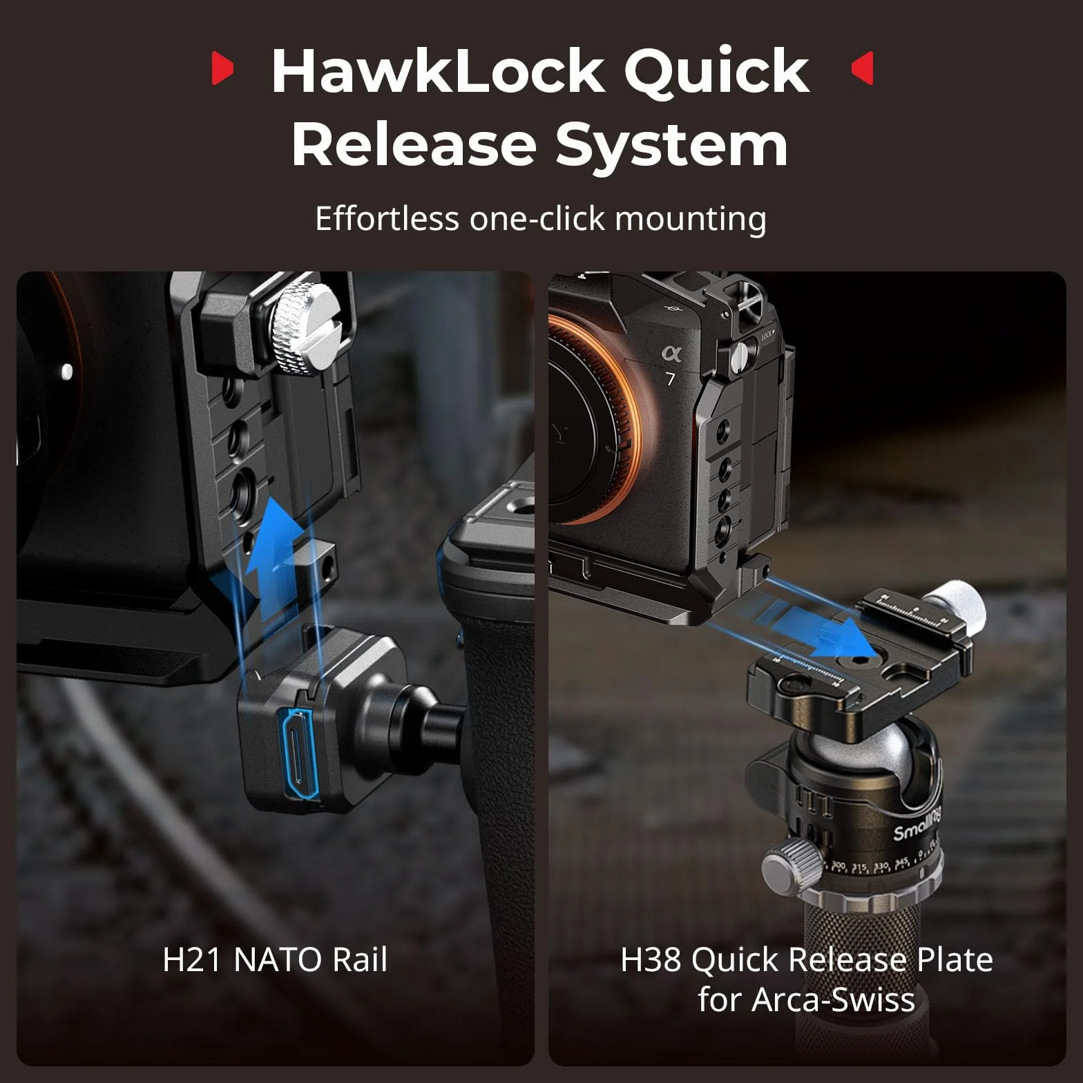 SMALLRIG Alpha 7 V HawkLock klatka do szybkiej wymiany do Sony Alpha 7 V / 7R V / 7 IV, zintegrowana płyta szybkiego montażu do Arca i NATO, gniazdo QD i stopka błyskowa,do DJI RS