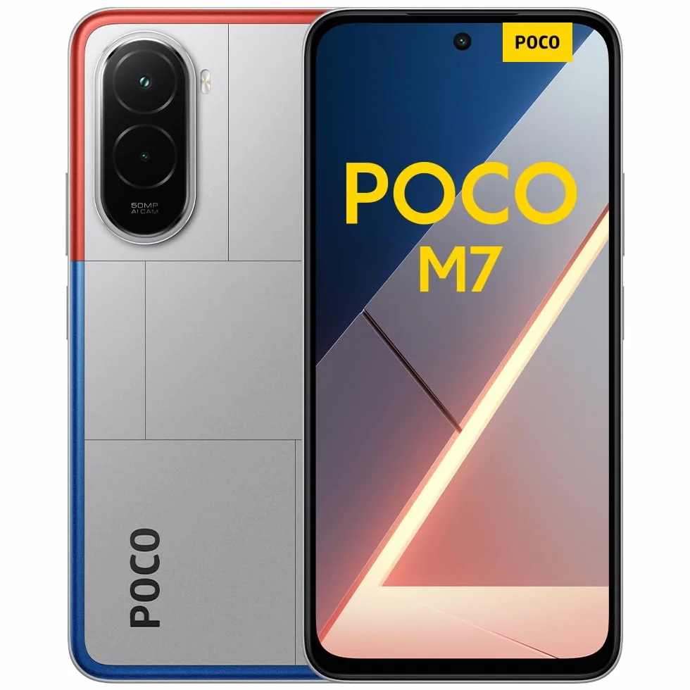 XIAOMI POCO M7 smartfon 6+128 GB, podwójny aparat 50 MP z AI, 16,9 cala FHD+, Snapdragon 685, szybkie ładowanie 33 W i odwracalne 18 W, ładowarka nie jest dołączona, srebrna (Wersja ES)