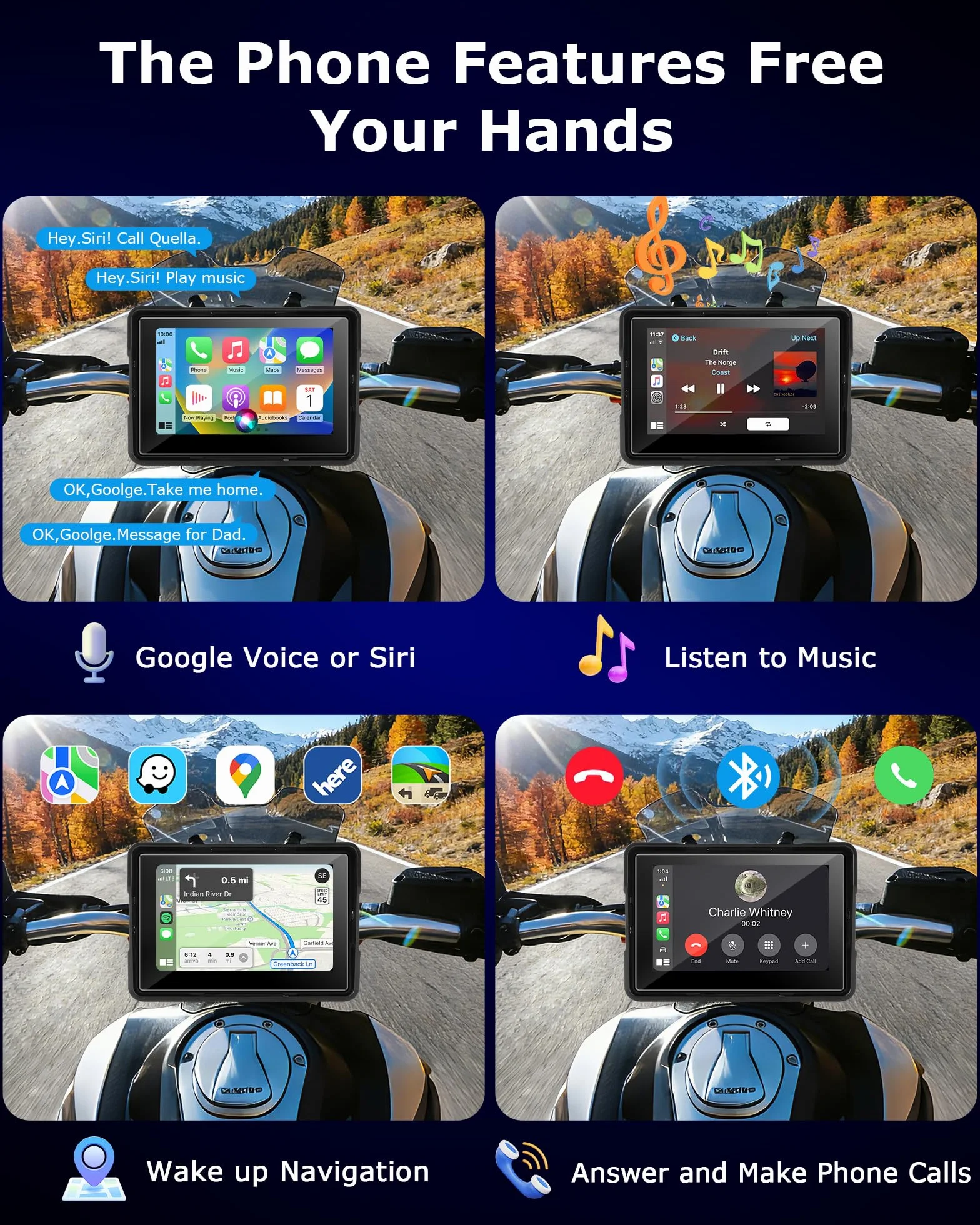 Jansite Carplay Moto Android Auto Screen z TPMS, 5-calowy ekran dotykowy Moto Navigator Wodoodporny IP67 CarPlay i Android Auto Wireless, nawigacja GPS, Siri Goo-gle