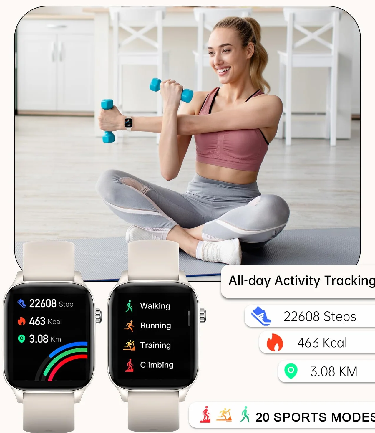 Damski smartwatch z powiadomieniami o połączeniach, zegarek fitness 1,85" krokomierz dla Androida ios asystent głosowy inteligentny zegarek damski z czujnikiem tętna SpO2, 20 trybów sportowych