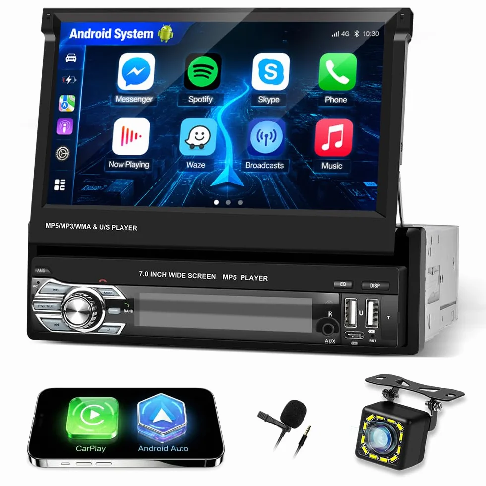 Rozkładane radio samochodowe z ekranem dotykowym z funkcją bezprzewodowego CarPlay i Android Auto | 1 Din 7-calowe radio samochodowe z Bluetooth/Mirror Link/FM/USB/SWC + kamera cofania 12 LED