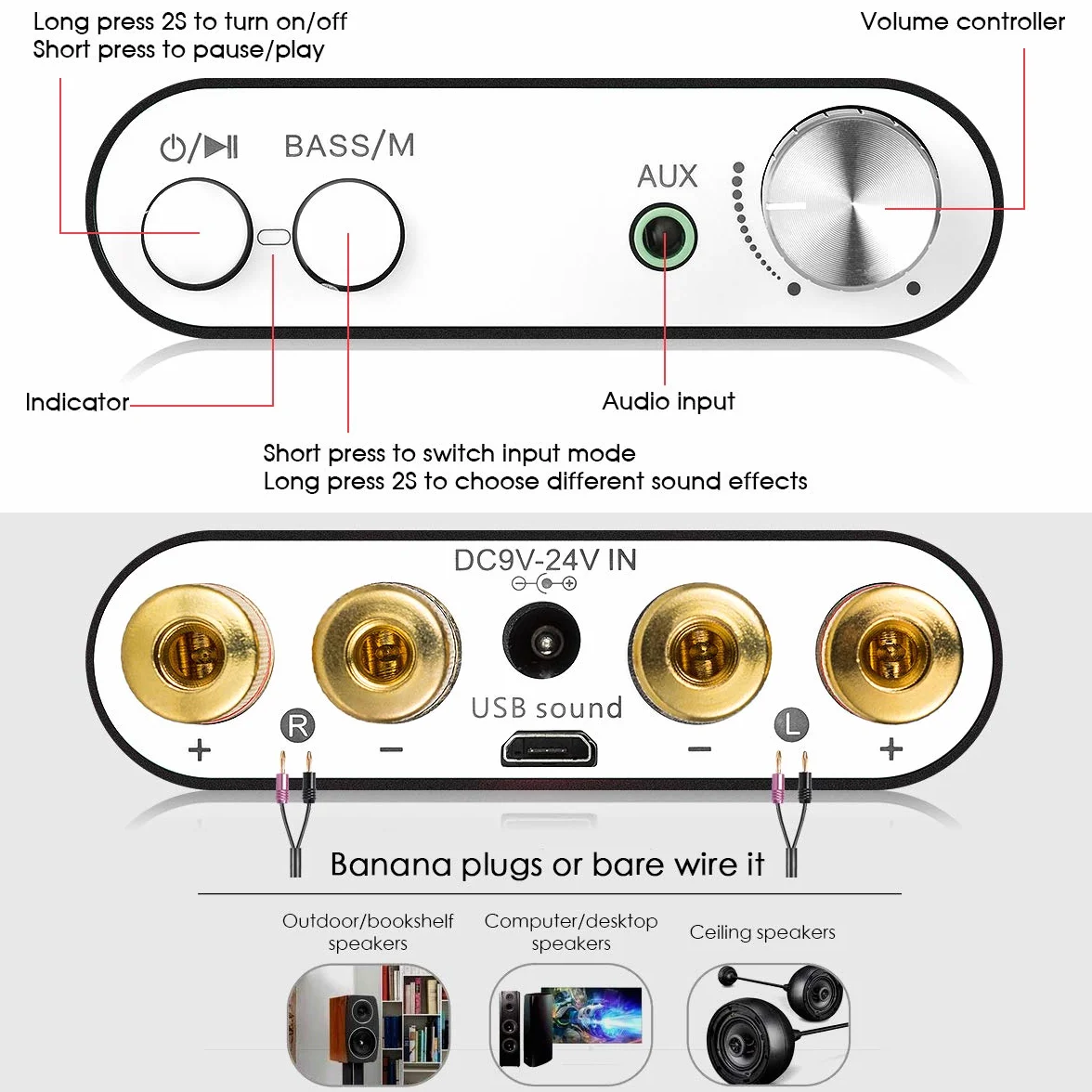 Nobsound NS-10G Mini wzmacniacz cyfrowy Bluetooth 5.0-100 W, z zasilaczem, czarny
