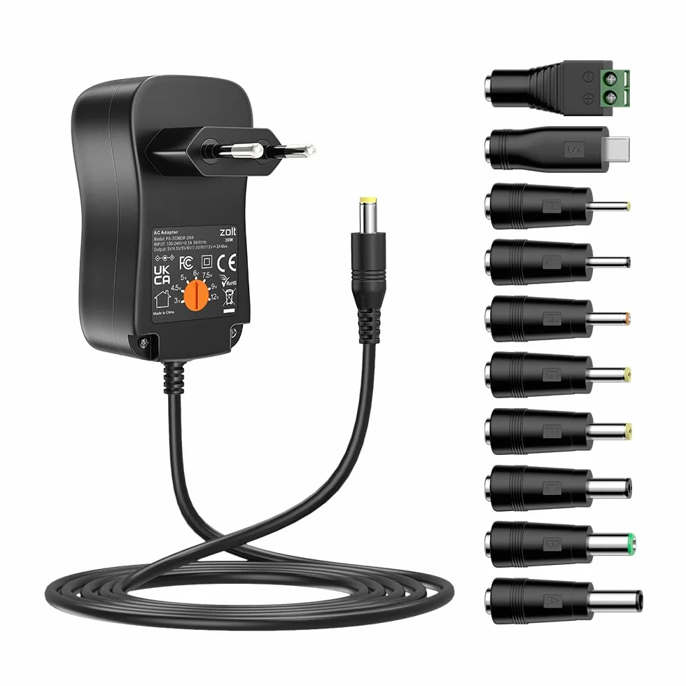 Zolt Uniwersalny zasilacz sieciowy 36 W, 3 V, 4,5 V, 5 V, 6 V, 7,5 V, 9 V, 12 V, 3 A, z 10 złączami DC do elektroniki, maks. 3000 mA.