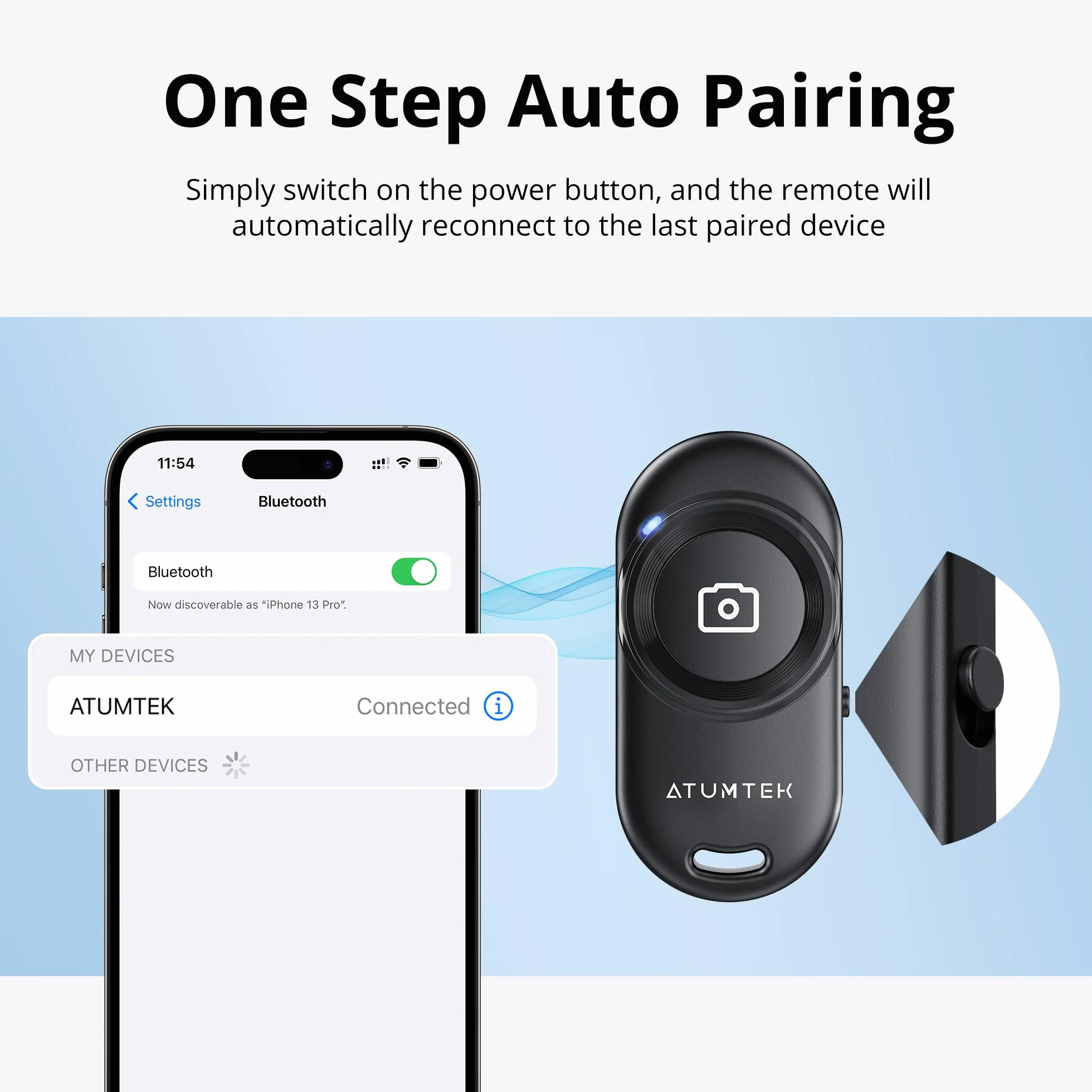 ATUMTEK Zdalny Wyzwalacz Bluetooth, Zdalny Spust Bluetooth 5.2 z Stabilnym Połączeniem, Kompatybilny z Smartfonami i Tabletami iPhone oraz Android, Idealny do Selfies i Zdjęć Grupowych