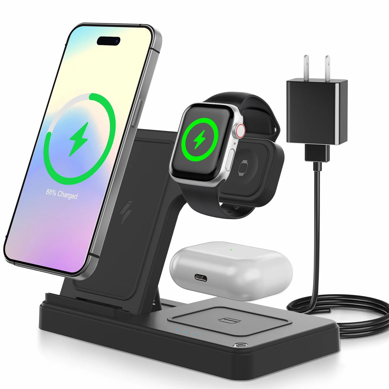Bezprzewodowa stacja ładująca: do iPhone 16e 16 15 14 13 12 Series - AirPods Pro 4 3 2 - Apple Watch Ultra Se 9 8 7 6 5 4 3 2 - Office Bedroom 3w1 poziomy stojak ze wskaźnikami ładowania