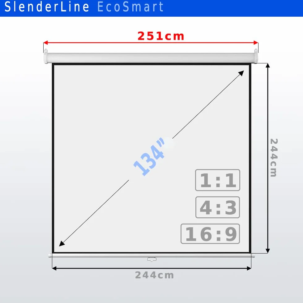 SlenderLine EcoSmart ekran zwijany 244 x 244 cm | 134 cali | format 1:1 | szerokość całkowita: 251 cm | optymalny do inteligentnych i mini projektorów | kino domowe płótno | sufit lub ściana | obudowa