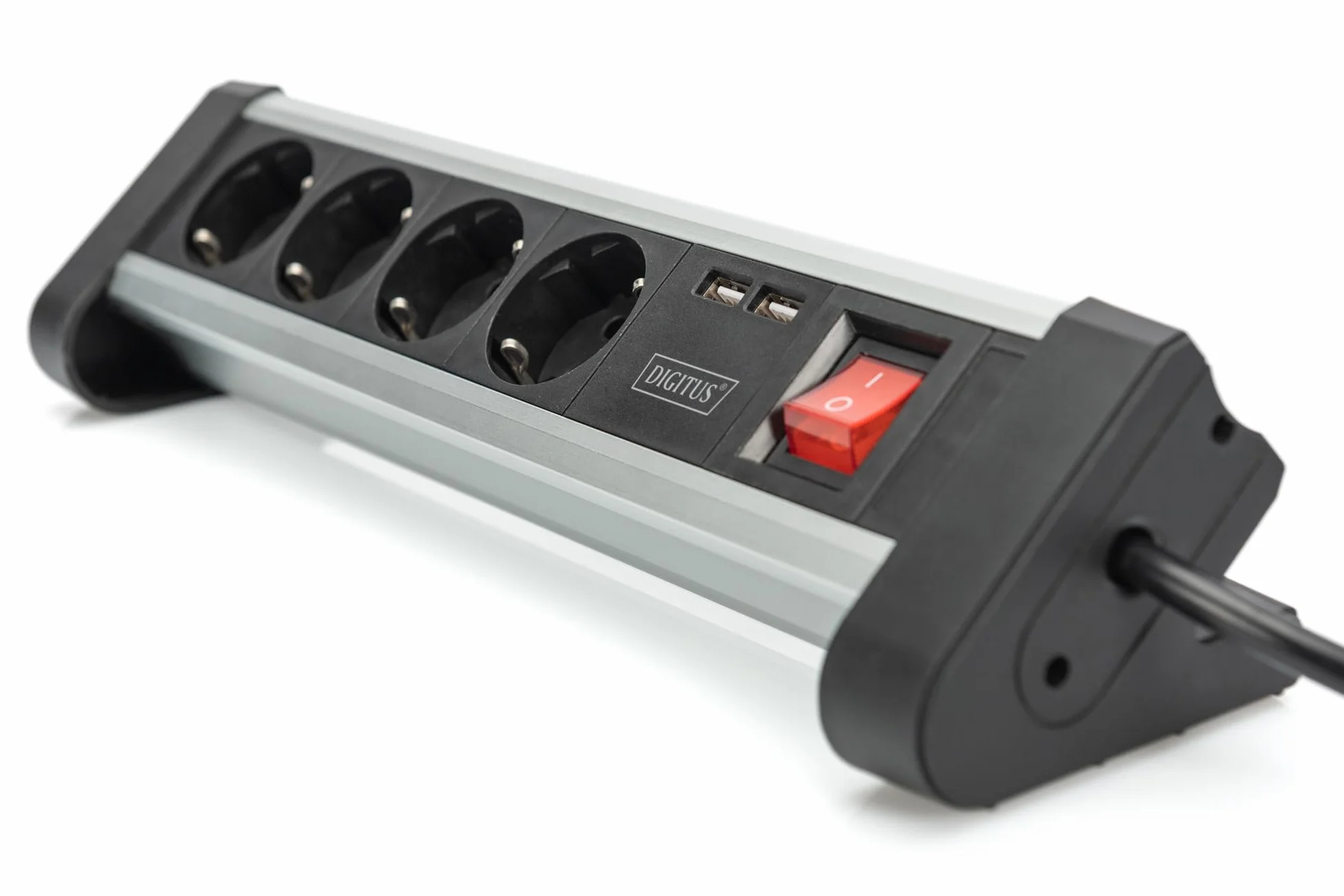 DIGITUS DA-70614 - Gniazdo wielokrotne z USB - 3 sztuki - 2x port USB (USB-A) - 4x gniazdo ze stykiem uziemiającym - Z przełącznikiem - Ładowarka USB - Do montażu na biurku i ścianie